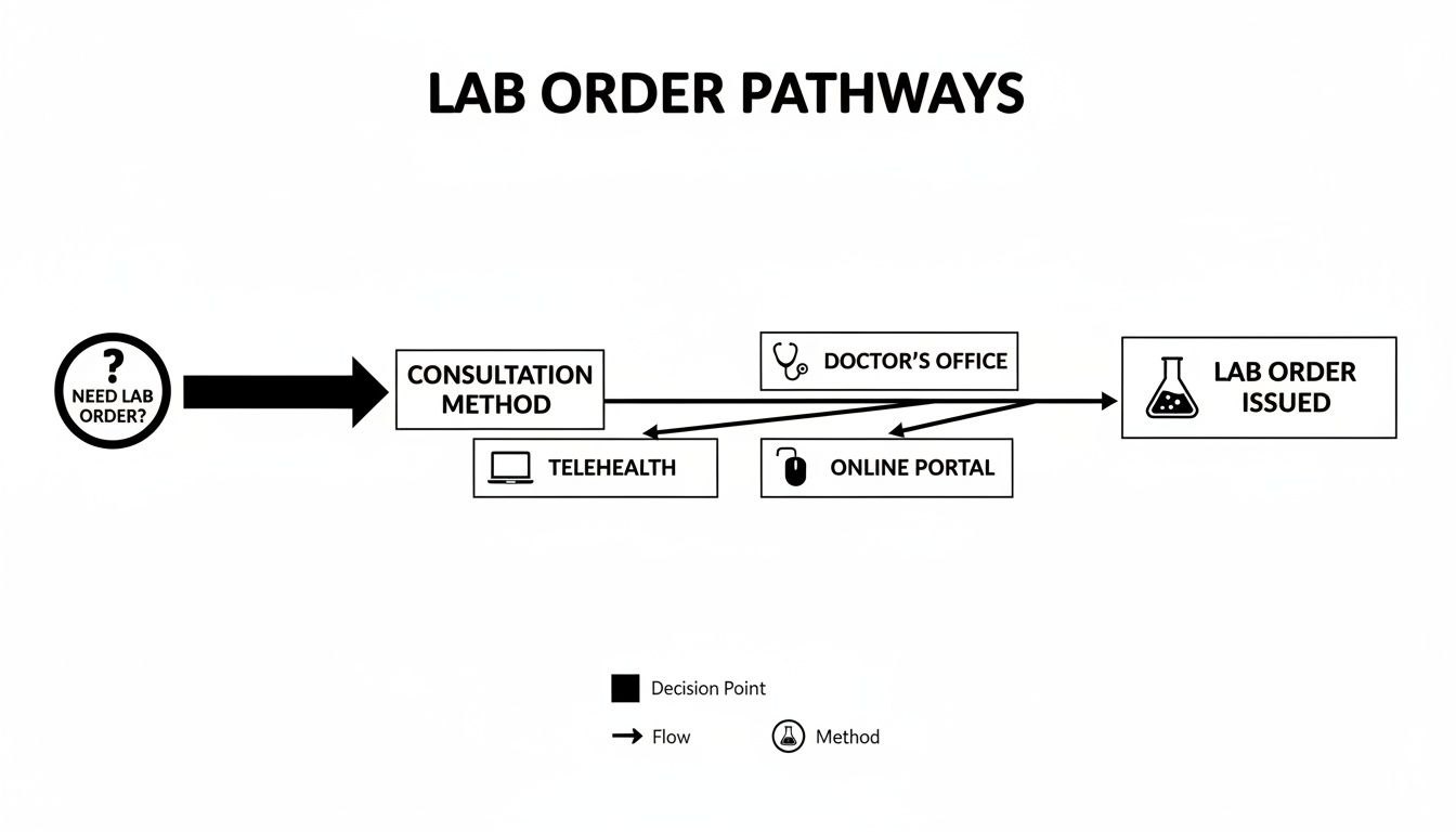 Flowchart showing lab order pathways, from needing an order to issuance through various consultation methods.