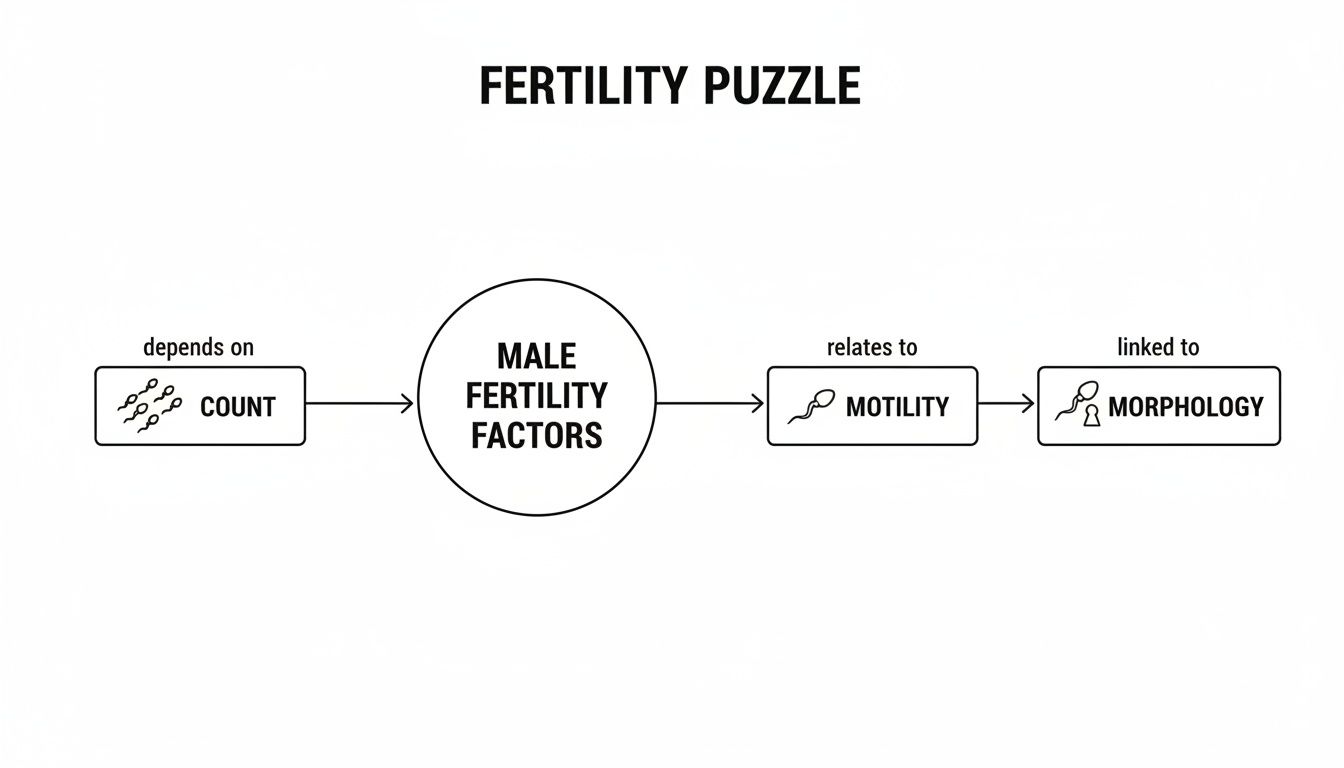 Diagram illustrating male fertility factors influenced by sperm count, motility, and morphology in a flowchart.
