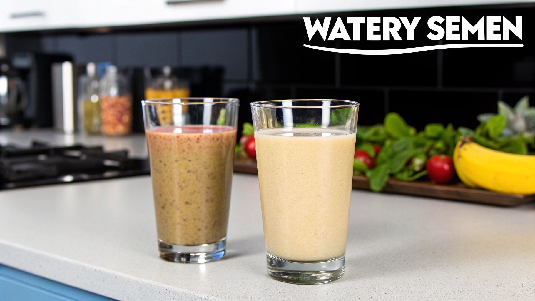 Two glasses of smoothies on a kitchen counter with fruits and greens in the background.