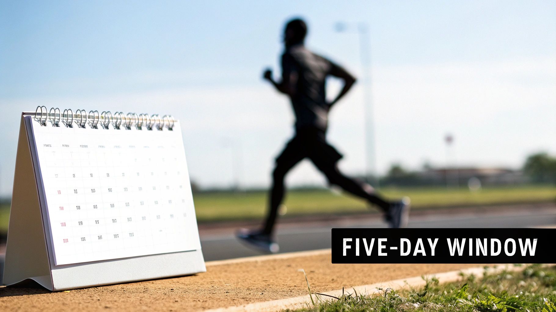A desk calendar on a running track with a blurred runner in the background, showing 'FIVE-DAY WINDOW' text.