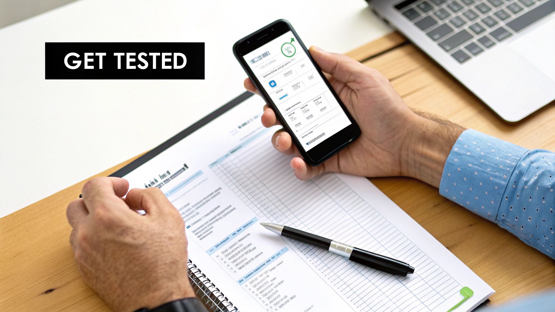 Man comparing health information on a smartphone app and paper document, with 'GET TESTED' overlay.