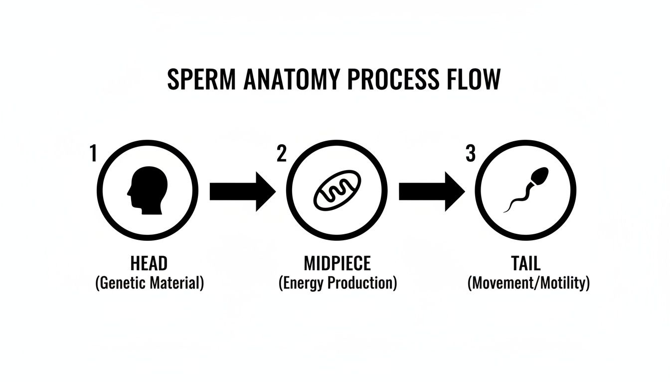A diagram illustrating the sperm anatomy process flow: head for genetic material, midpiece for energy, and tail for motility.