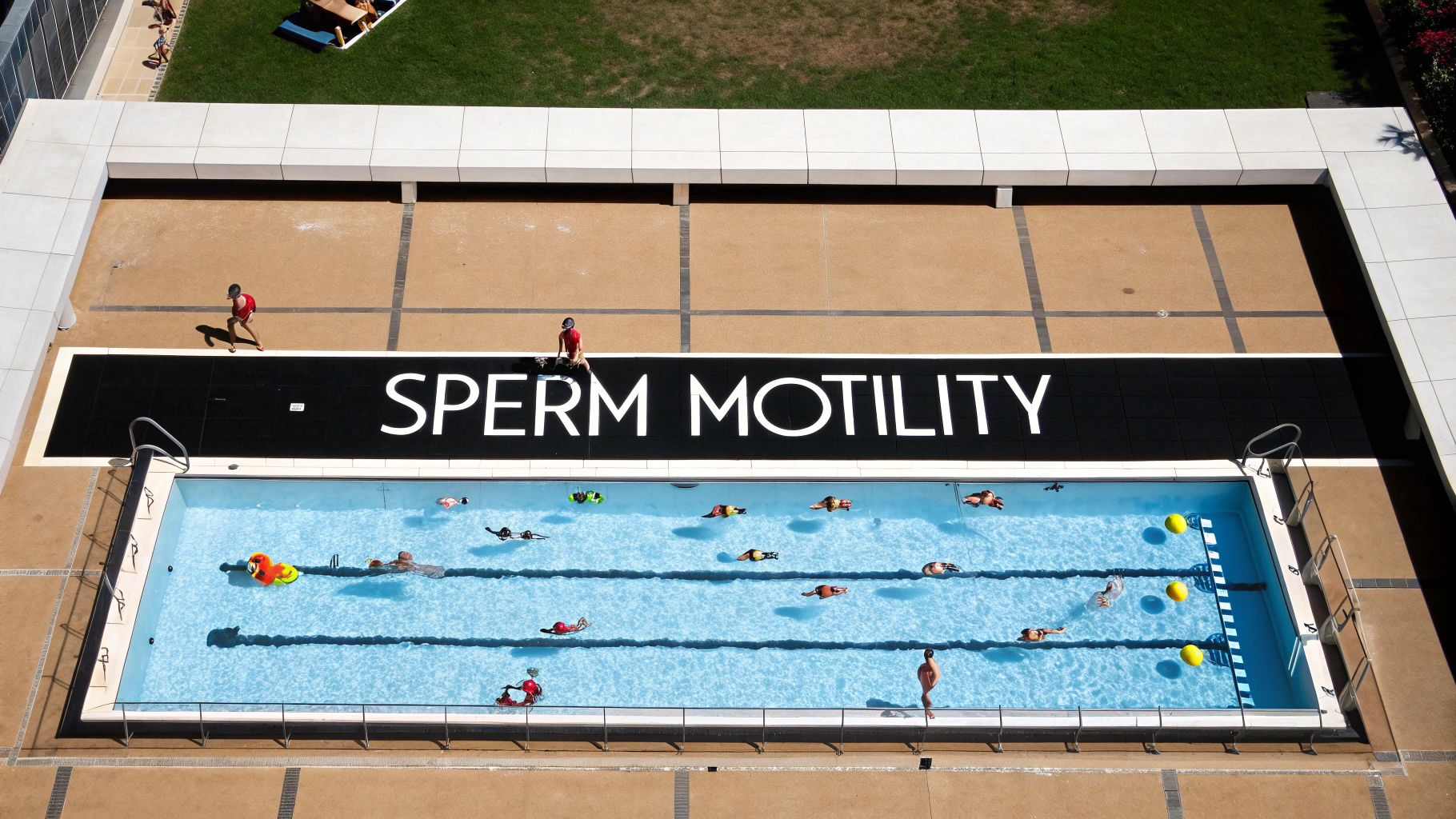 An overhead view of a swimming pool with people representing sperm, and a banner reading 'SPERM MOTILITY'.