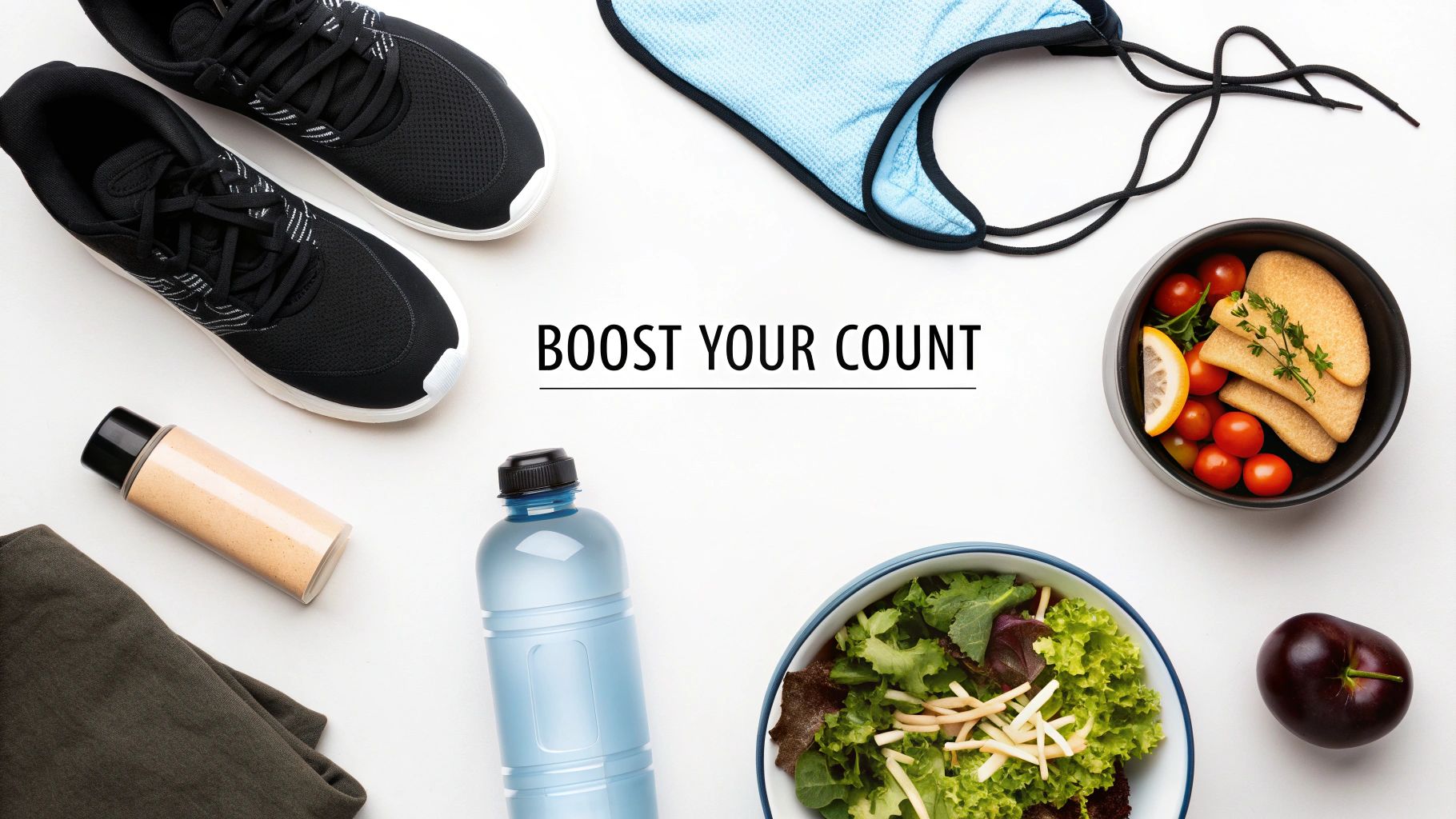 Overhead view of workout essentials and nutritious meals on a white background, with text 'Boost Your Count'.