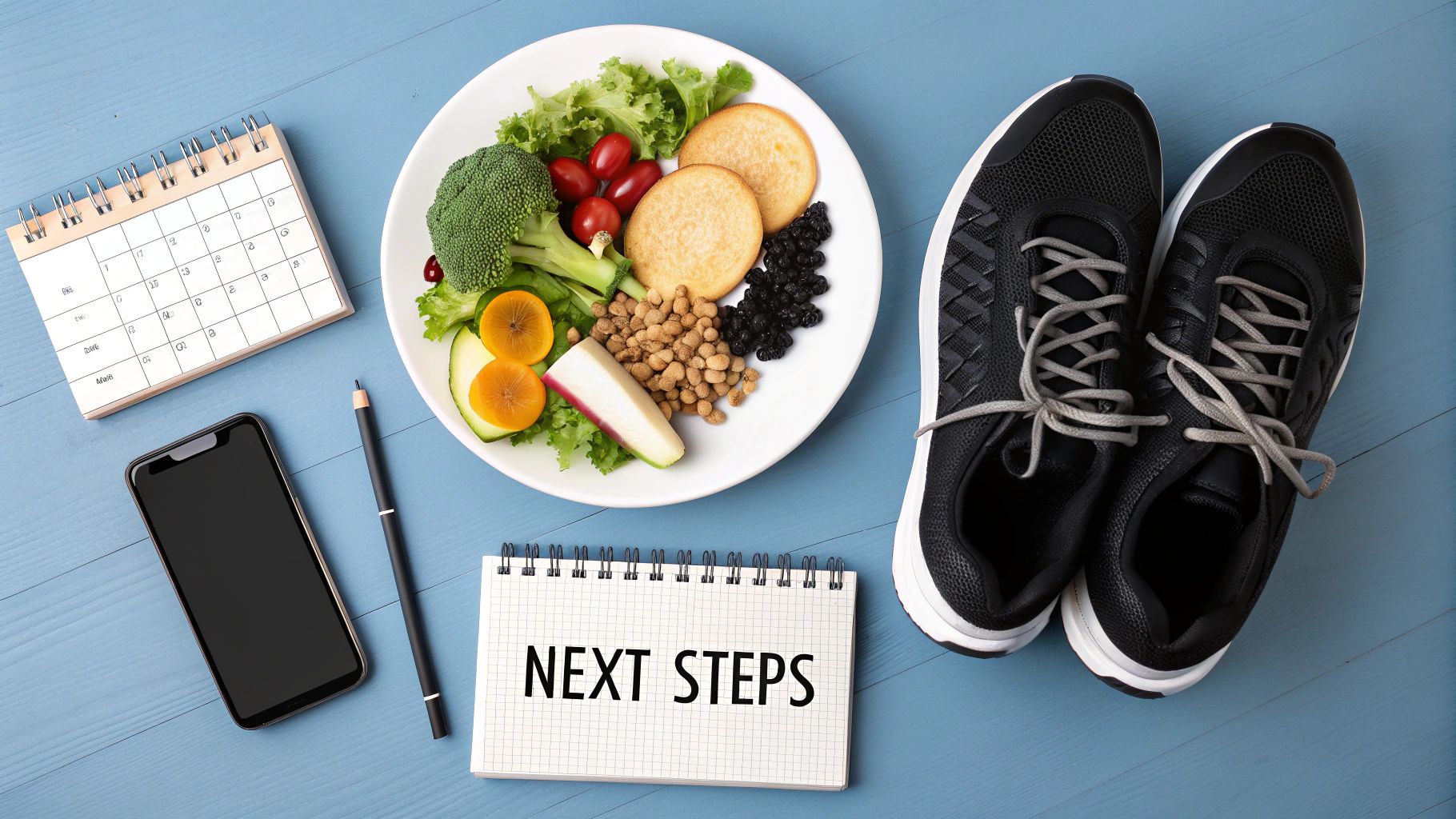 Flat lay of healthy food, running shoes, calendar, smartphone, and 'NEXT STEPS' notebook for health planning.