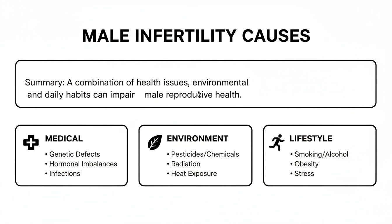Infographic illustrating male infertility causes, including genetic, hormonal, environmental, and lifestyle factors like smoking and stress.