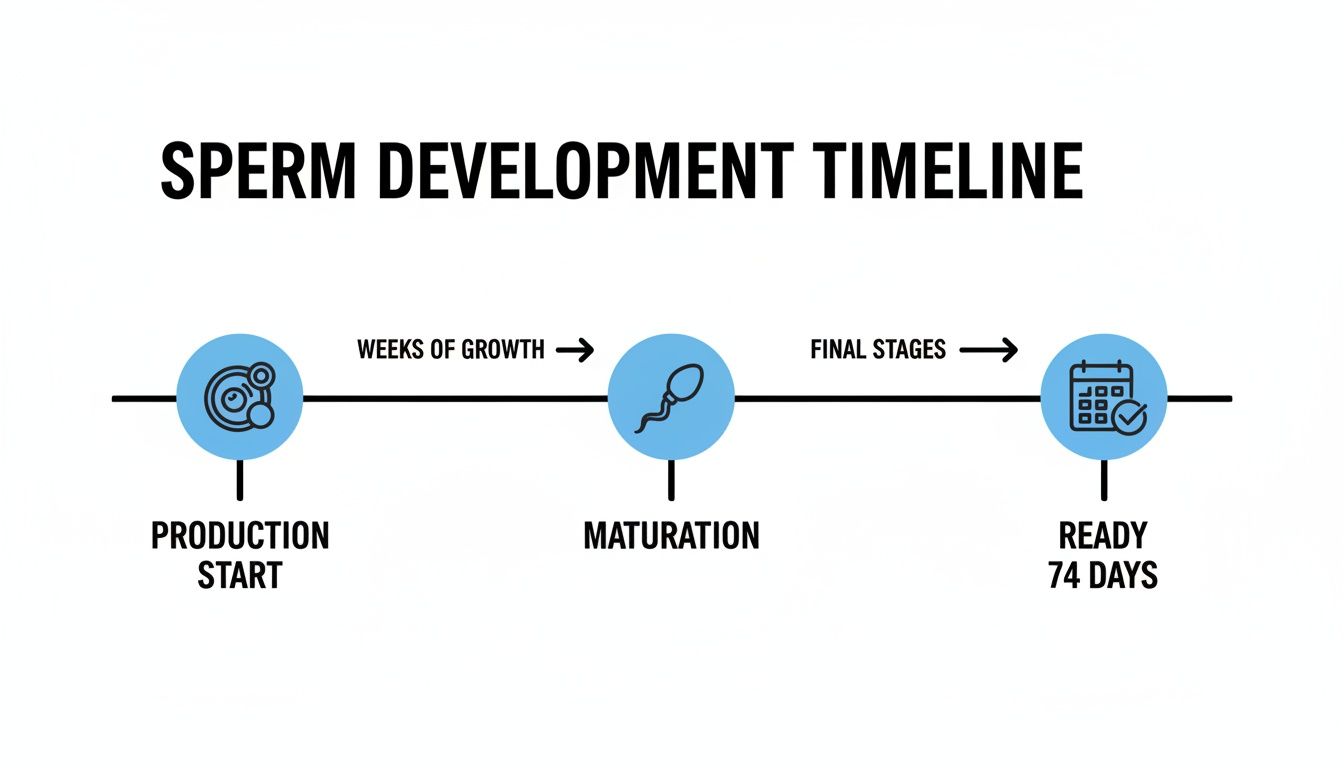 A diagram illustrating the sperm development timeline with three stages: production start, maturation, and ready in 74 days.