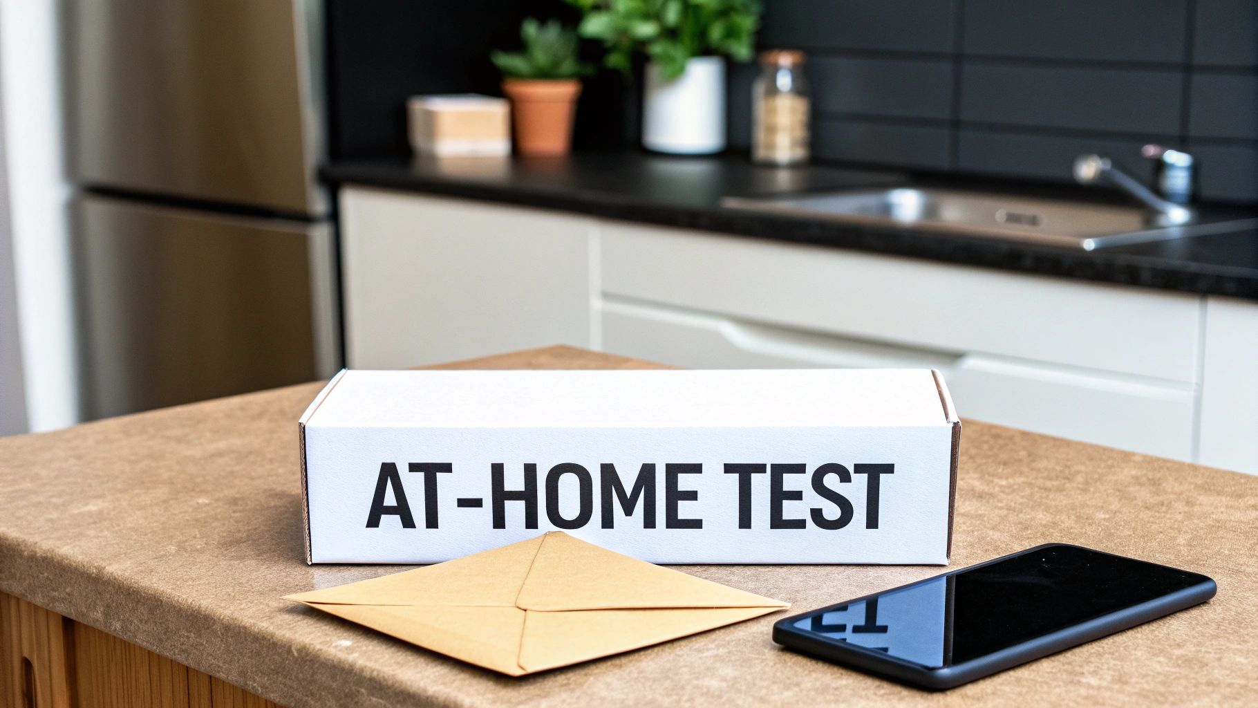 A white box labeled 'AT-HOME TEST', an envelope, and a smartphone on a kitchen counter.