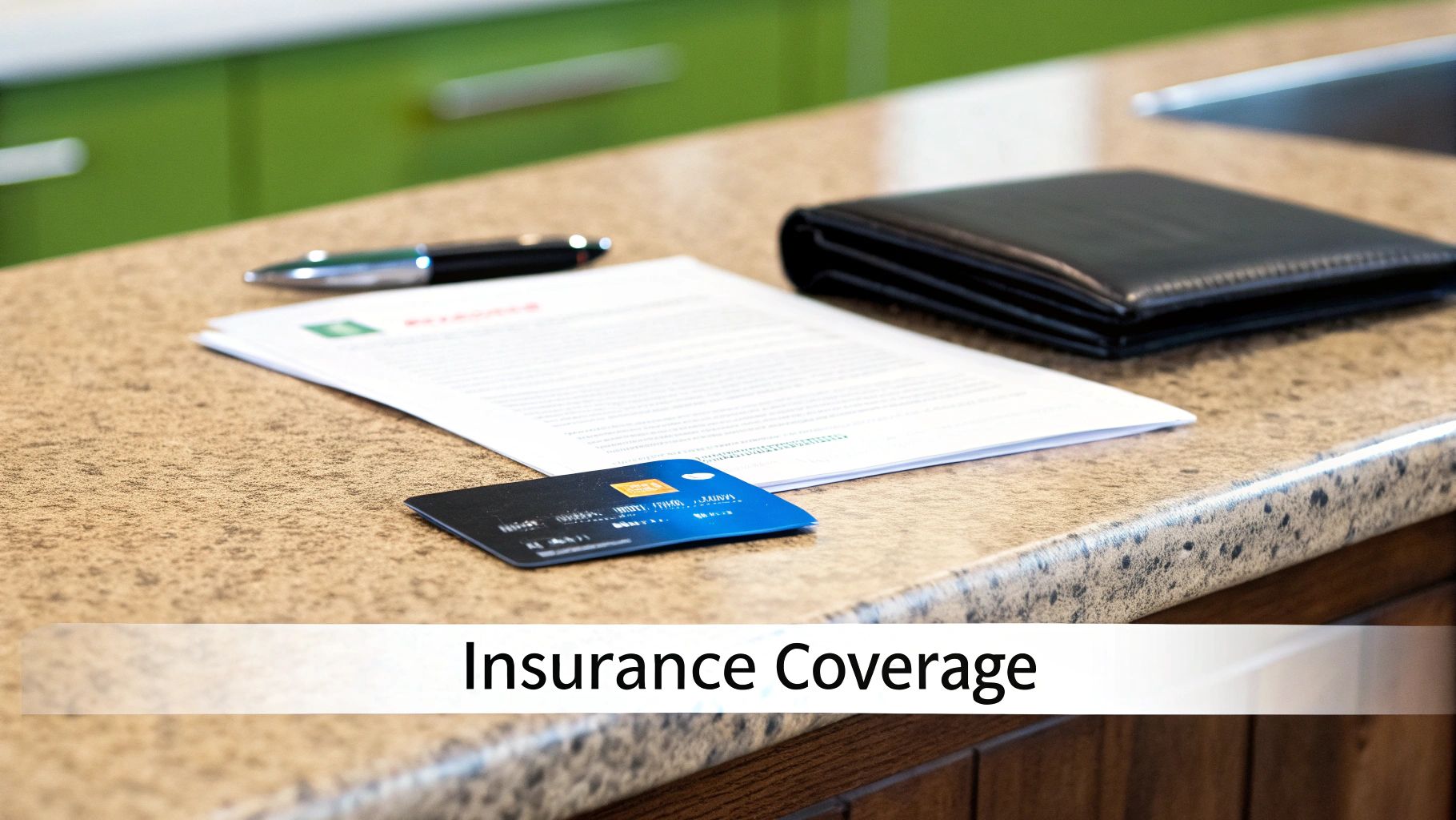 A credit card, pen, document, and wallet on a counter, with 'Insurance Coverage' text.