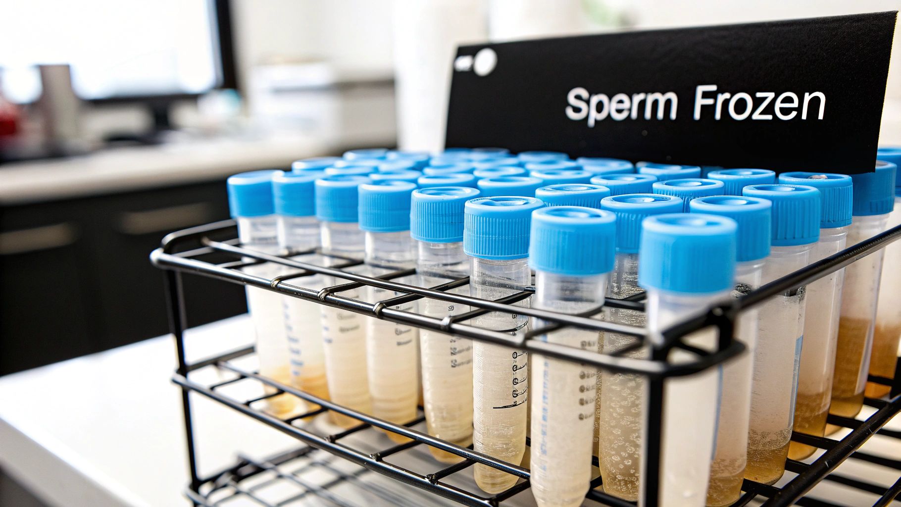 A black rack holds many test tubes with blue caps, containing liquid, labeled