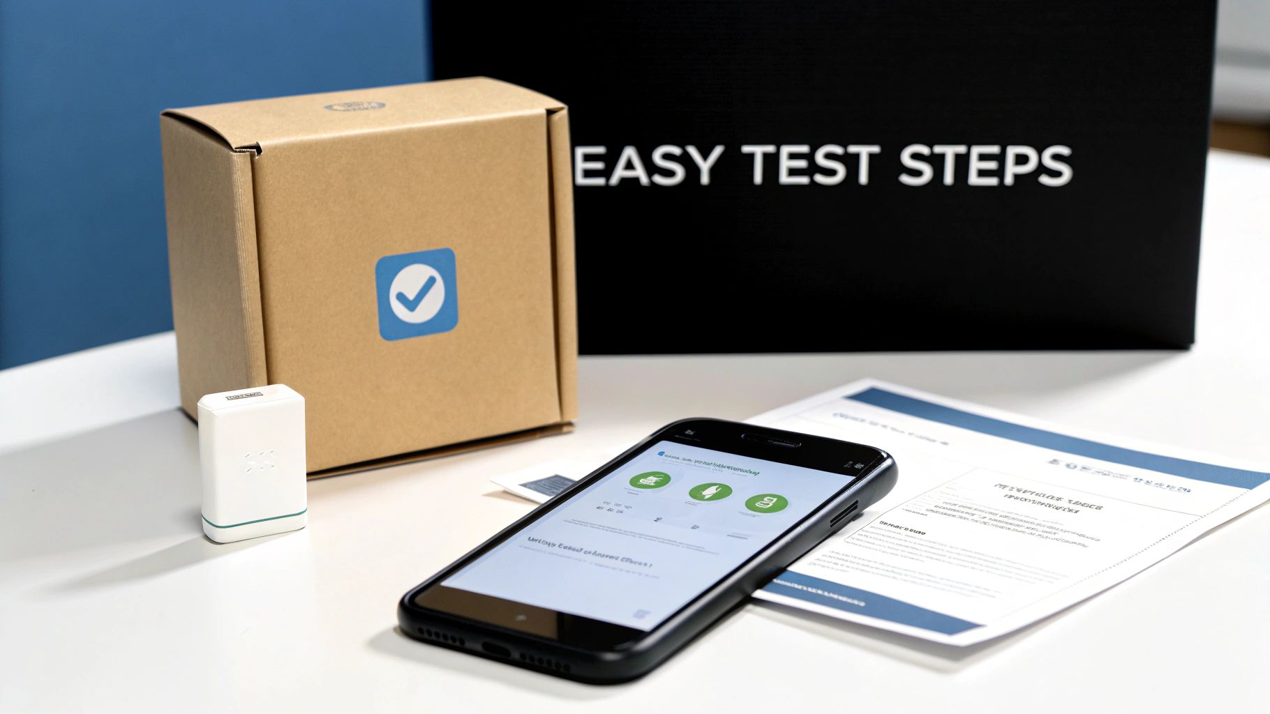 A home medical test kit featuring a box, a small device, a smartphone running an app, and instructions.