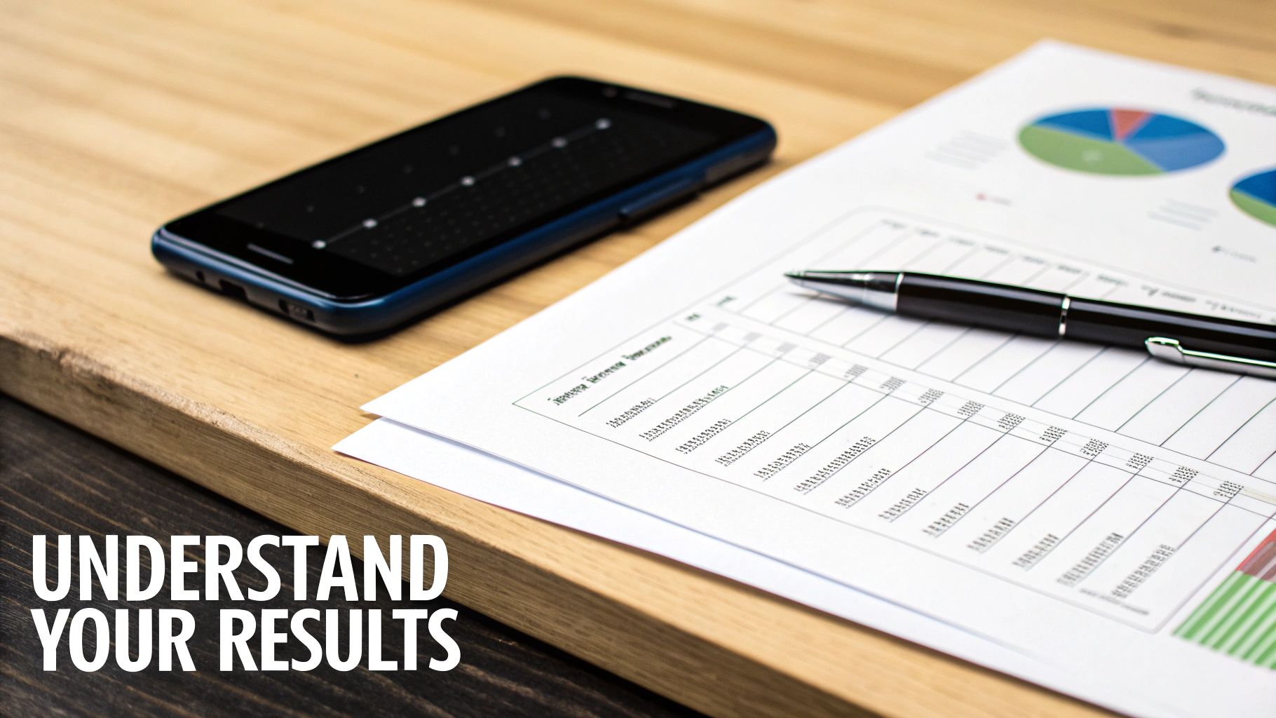Smartphone, pen, and business documents with pie charts and data on a wooden desk, emphasizing results.