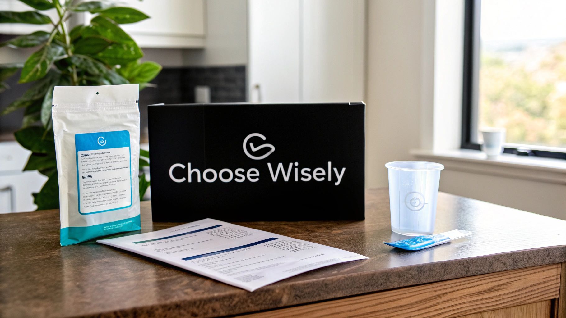 An at-home male fertility test kit from Choose Wisely, with a pouch, cup, and instructions on a table.