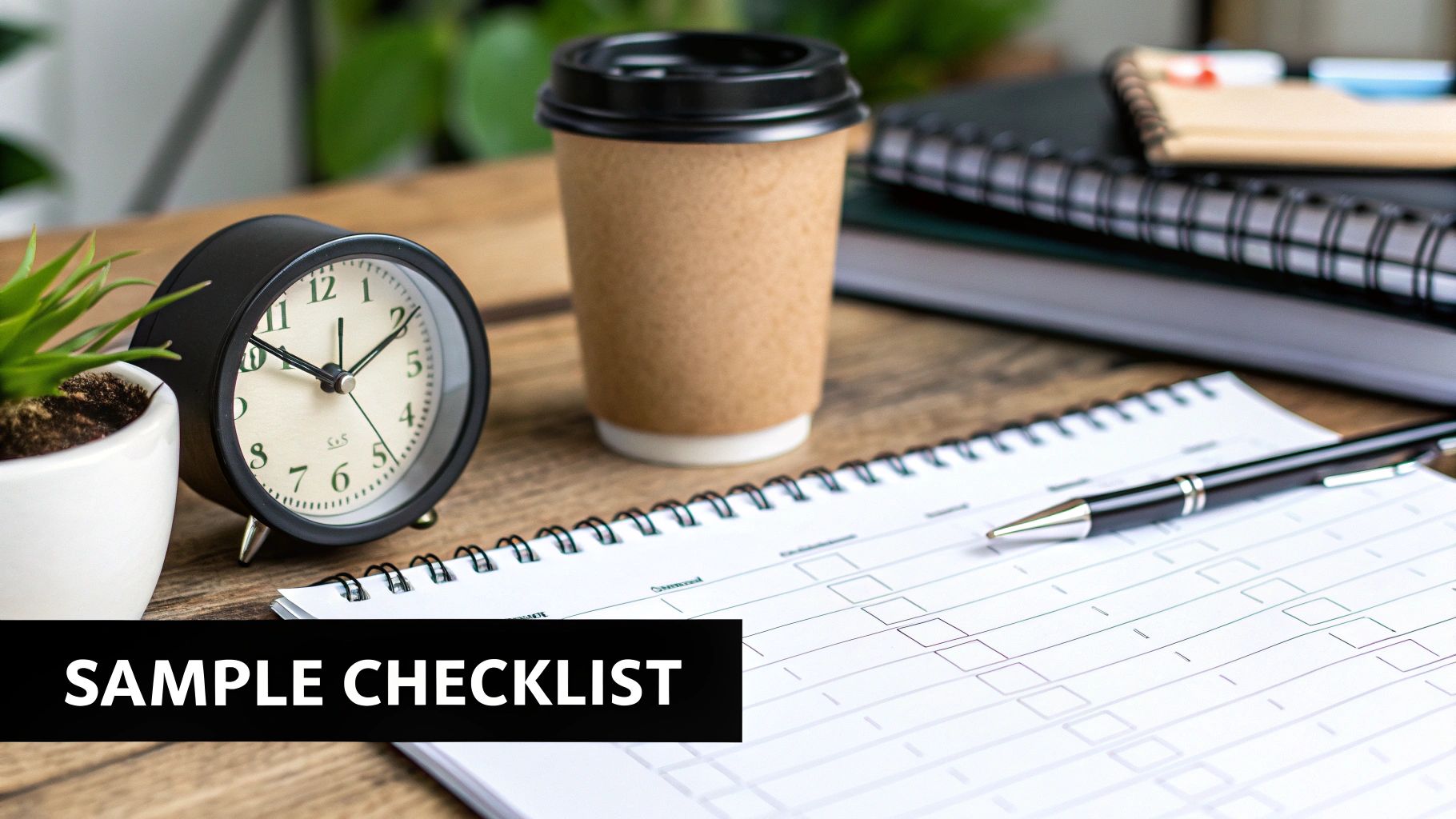 A close-up of a rustic wooden desk with an alarm clock, coffee cup, notebooks, and a checklist.