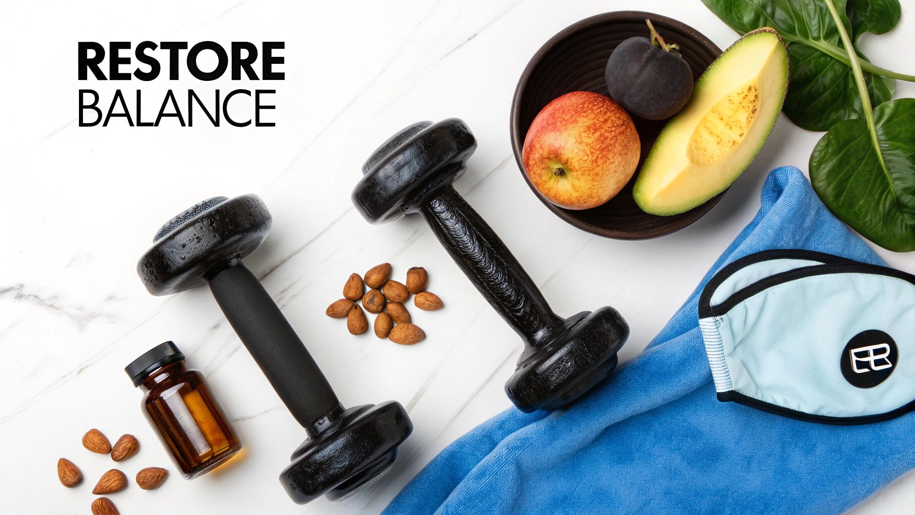 Flat lay of fitness dumbbells, healthy fruits, almonds, supplements, and a sleep mask for wellness.