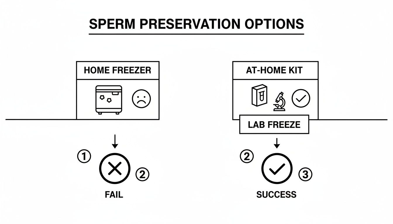 Diagram illustrating two sperm preservation options: home freezer, which fails, versus an at-home kit with lab freeze, which succeeds.