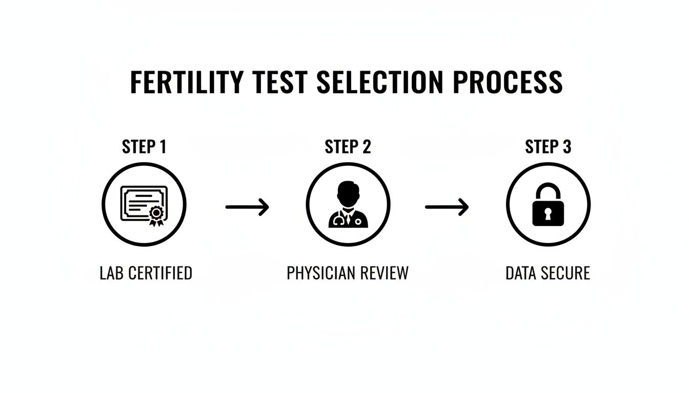 An infographic detailing the fertility test selection process: Lab Certified, Physician Review, and Data Secure steps.