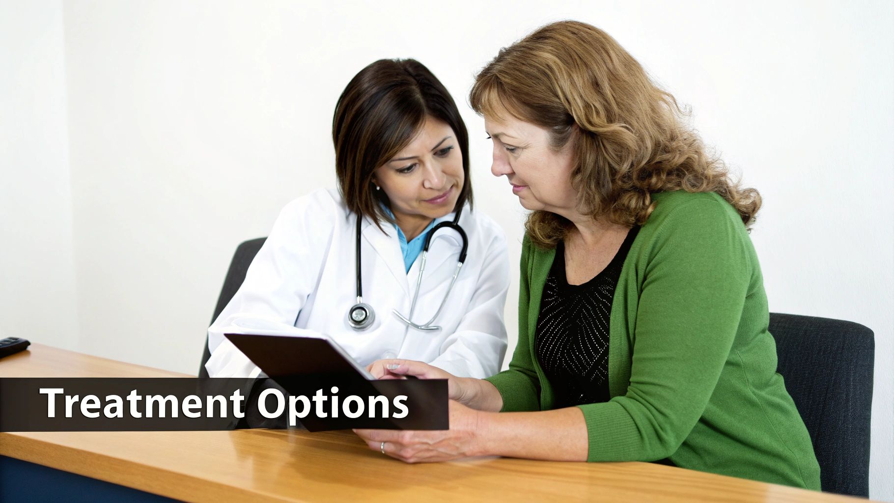 A female doctor and patient discuss treatment options, looking at a tablet together.