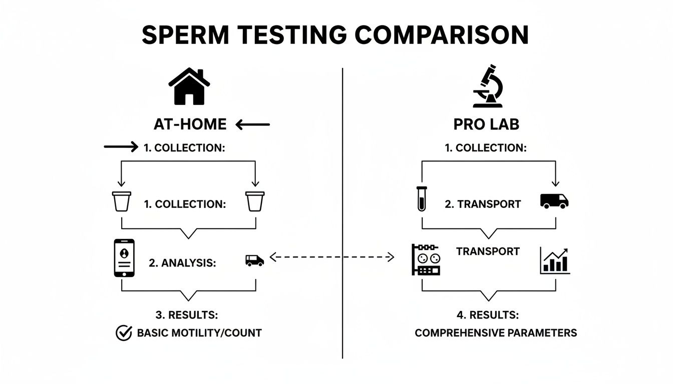 Infographic comparing at-home and professional lab sperm testing processes, showing collection, analysis, transport, and result differences.
