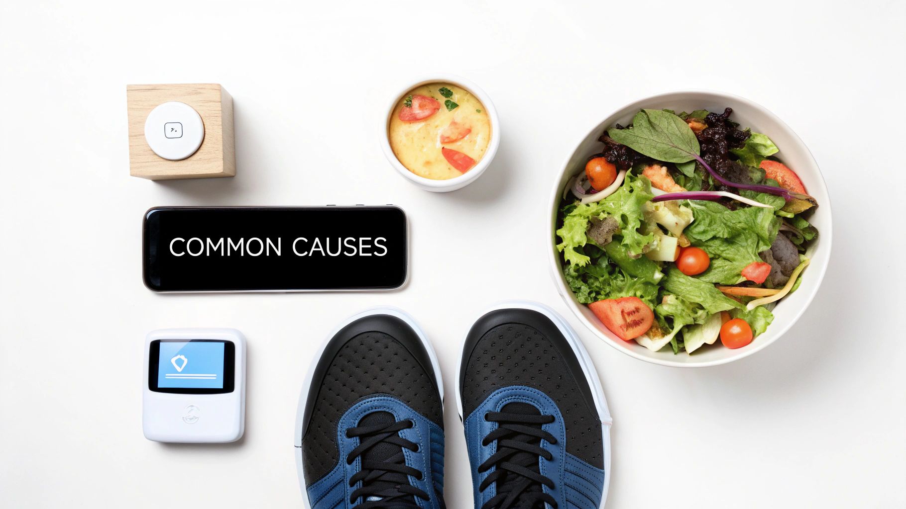 Overhead shot of health and wellness items: fresh salad, running shoes, and tech devices.