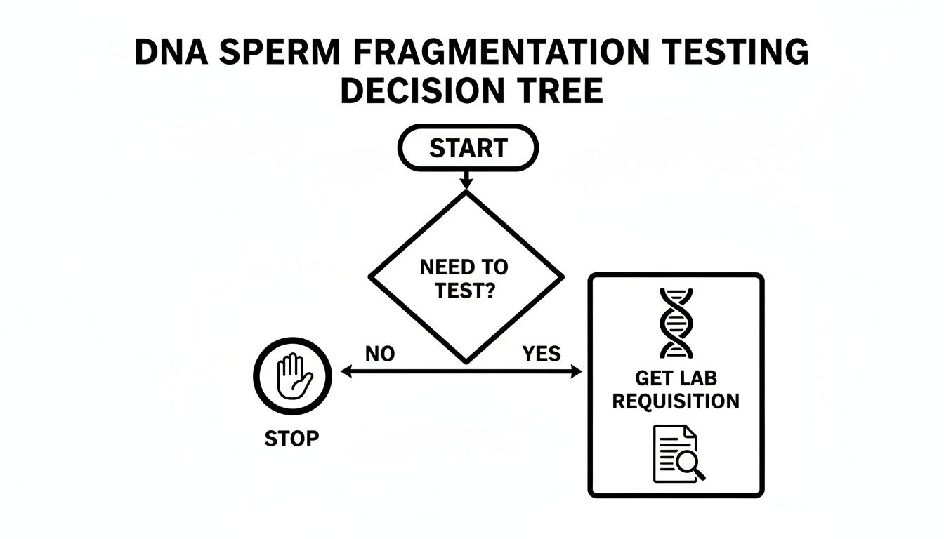 A black and white decision tree flowchart illustrating the steps for DNA sperm fragmentation testing, from start to lab requisition or stop.