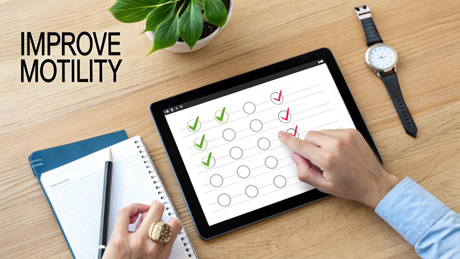 Hand interacts with tablet showing a checklist, on a desk with notebooks, watch, and 'Improve Motility' text.
