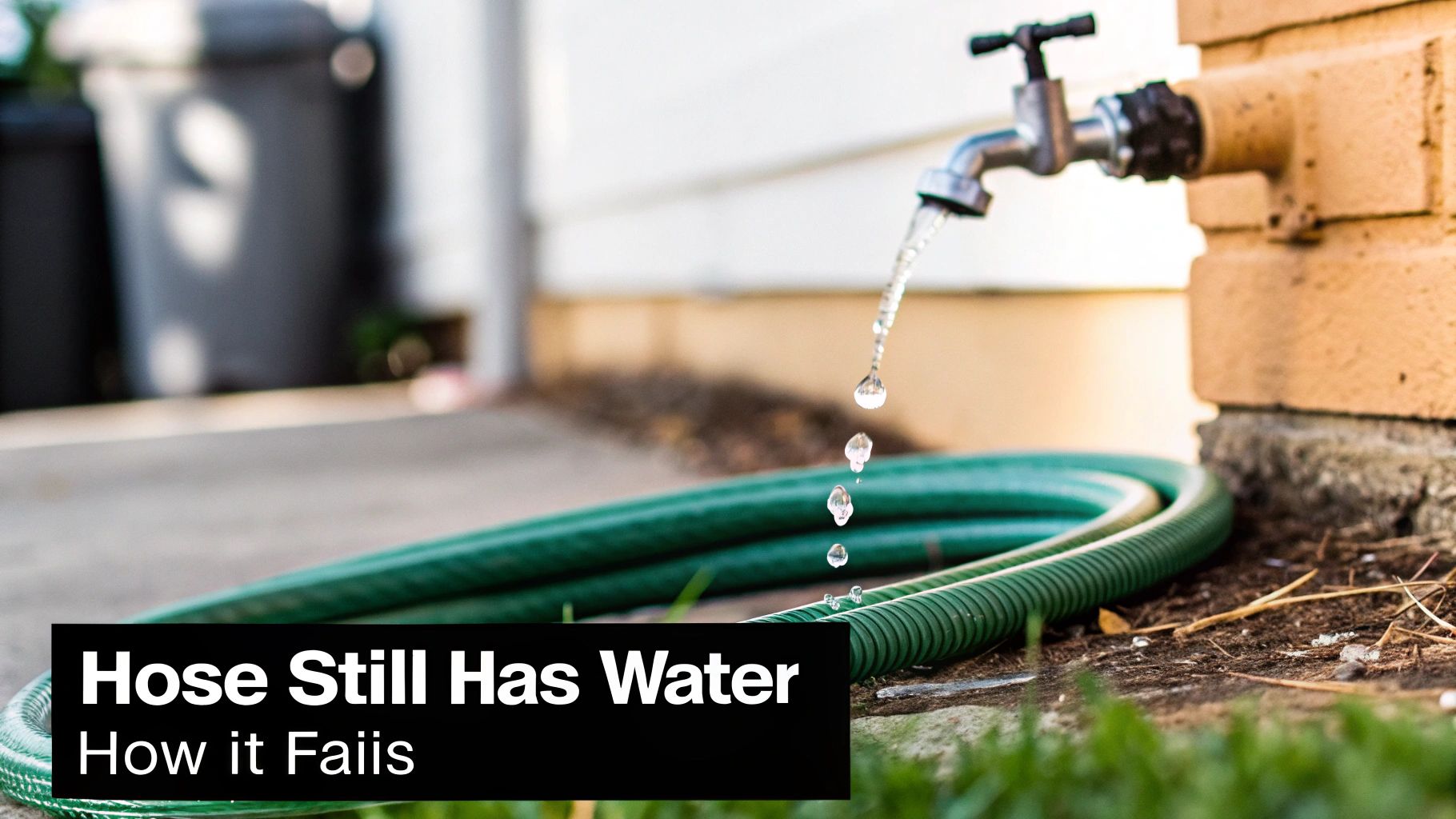 Water drips from an outdoor faucet onto a green garden hose on the ground next to a brick wall.