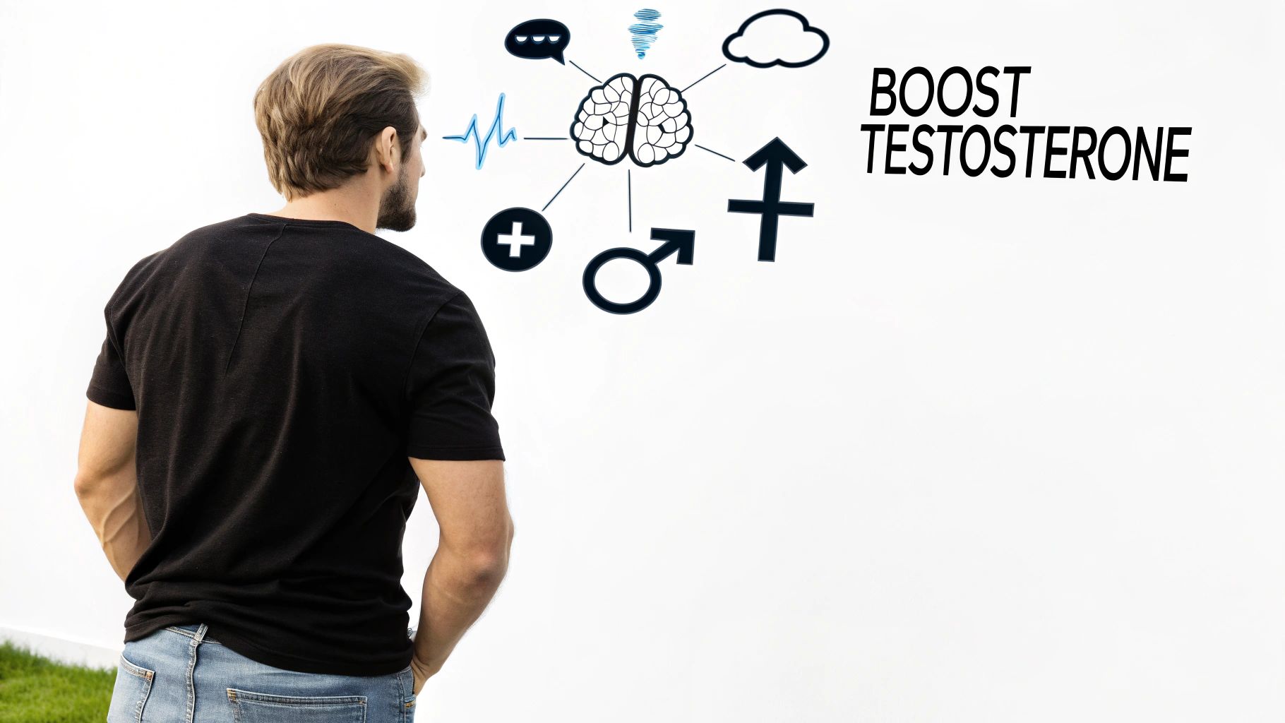 Man looking at a diagram on a white wall about boosting testosterone, surrounded by related icons.