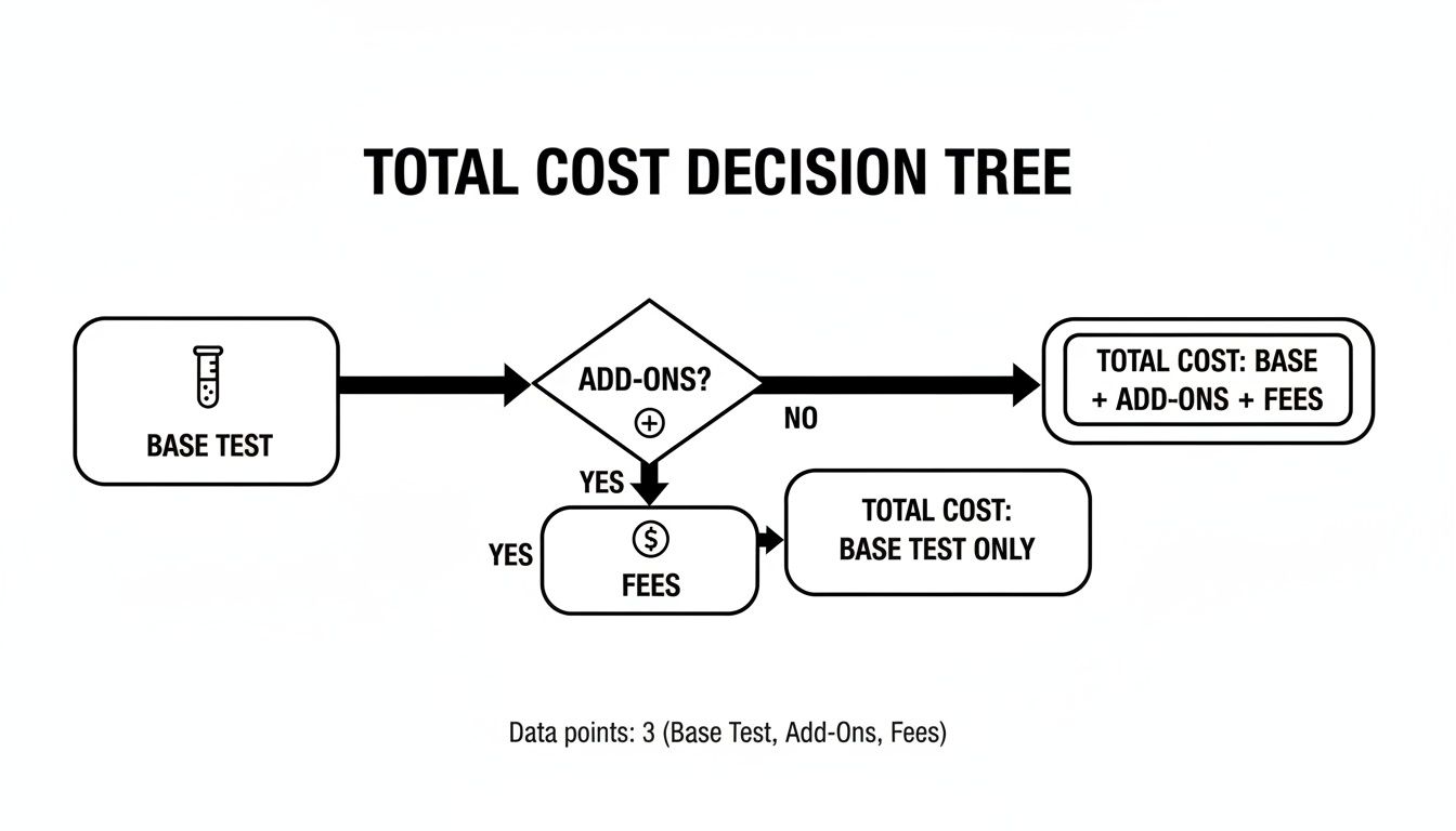 A total cost decision tree flowchart illustrating base test, add-ons, fees, and final cost options.