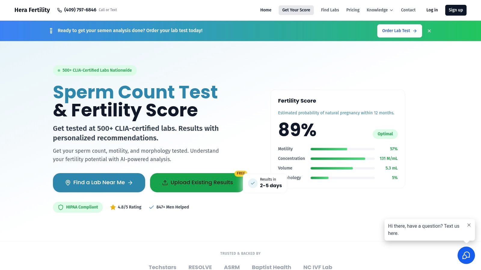 A screenshot of the Hera Fertility website interface showing how to order a sperm analysis test online.