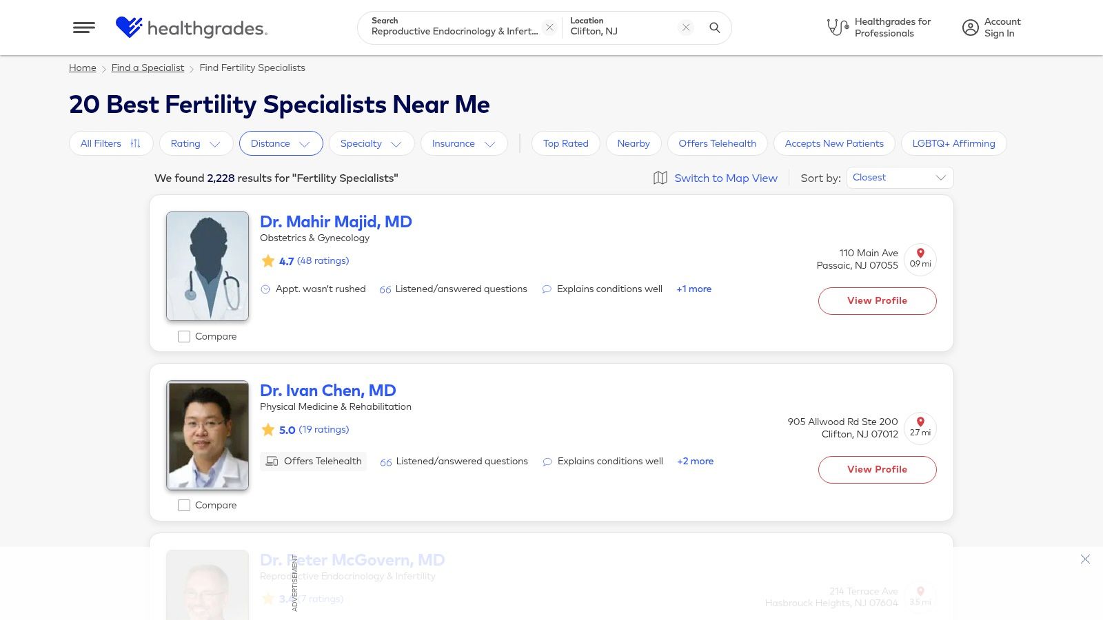 A screenshot of the Healthgrades Fertility & Reproductive Endocrinology Directory, showing a list of doctors and search filters.
