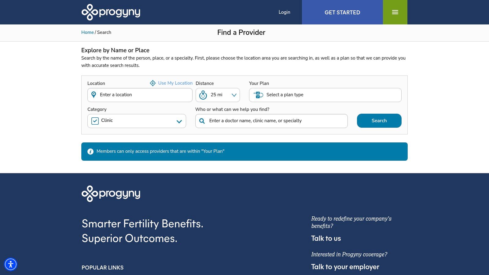 A screenshot of the Progyny Provider Search website, showing a search bar and featured providers.