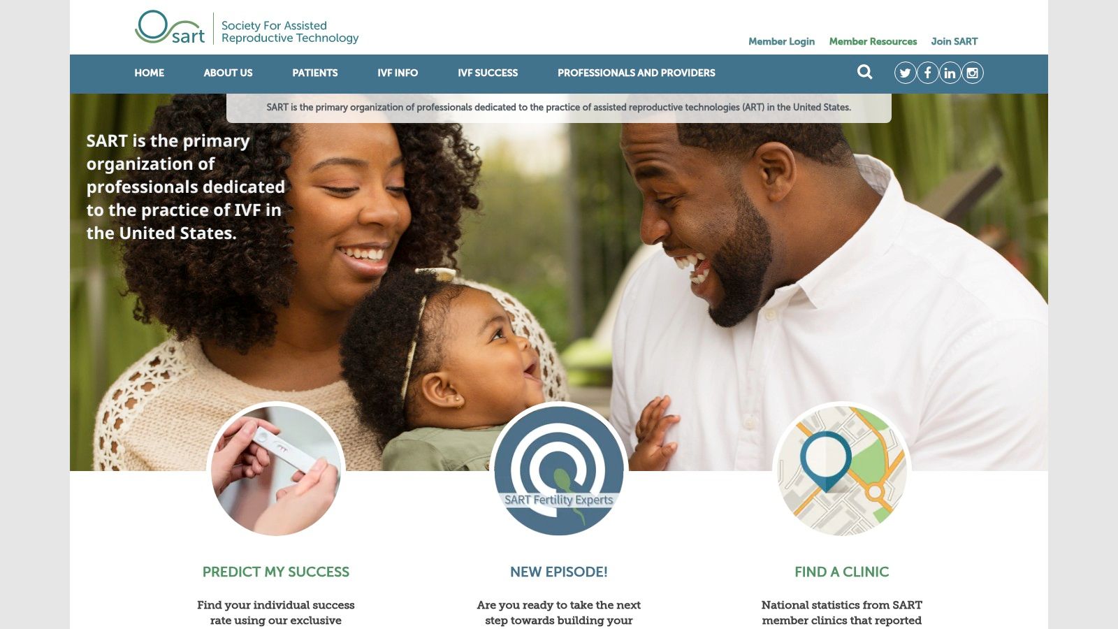 A screenshot of the SART Find a Clinic tool, showing clinic profiles and success rate data.