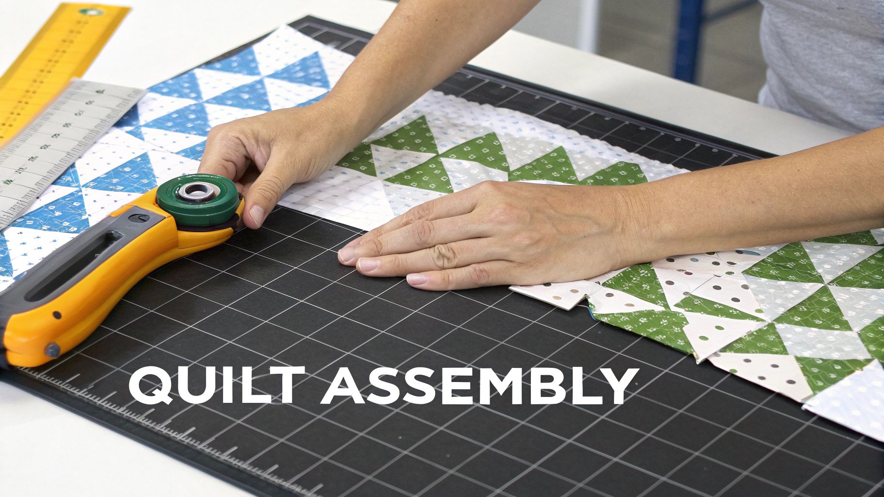 Hands assembling colorful quilt blocks on a cutting mat with a rotary cutter and ruler.