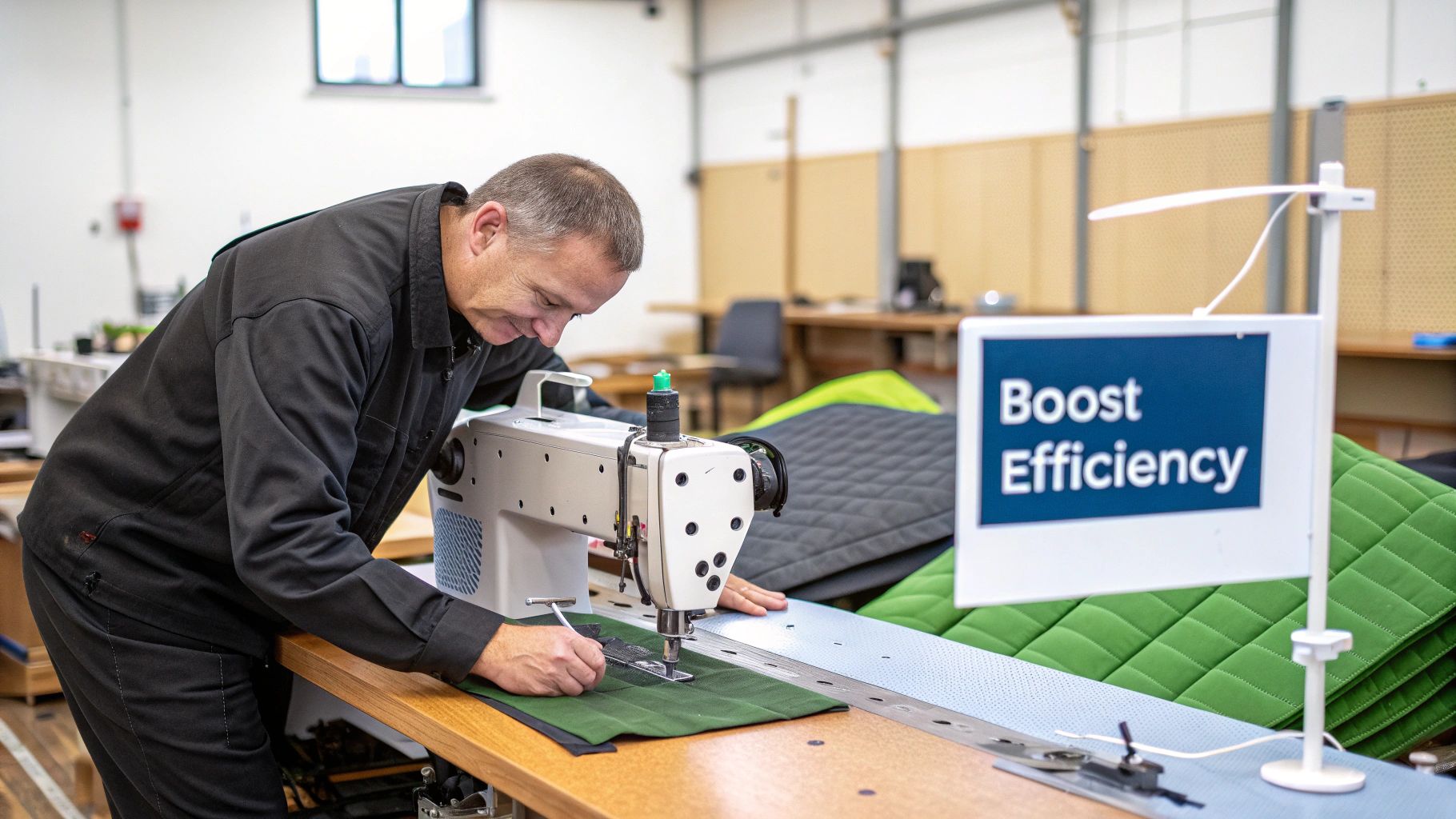 A man in black uniform operates an industrial sewing machine, stitching green fabric in a workshop.