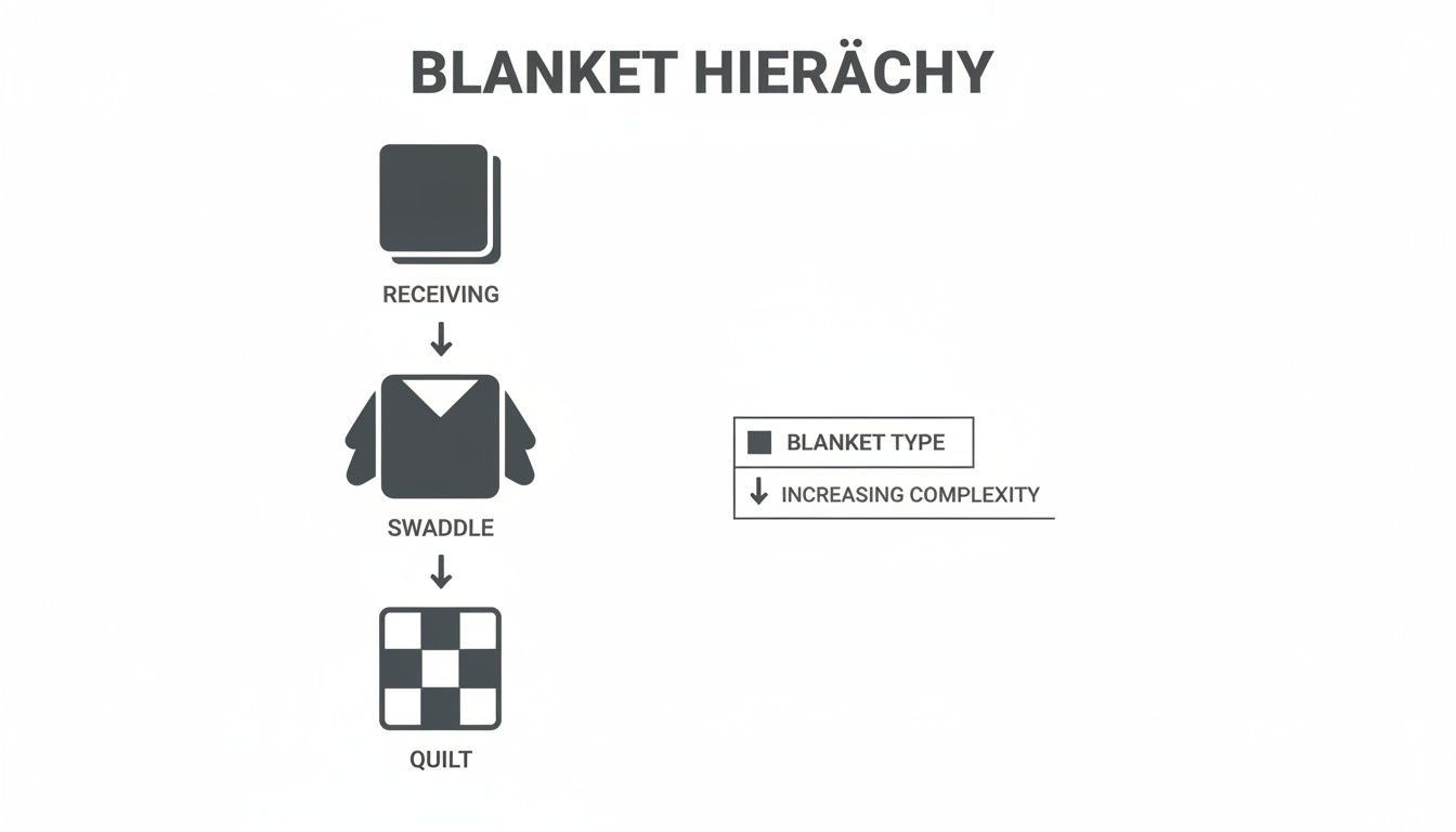 A visual hierarchy displaying three blanket types: Receiving, Swaddle, and Quilt, indicating increasing complexity.