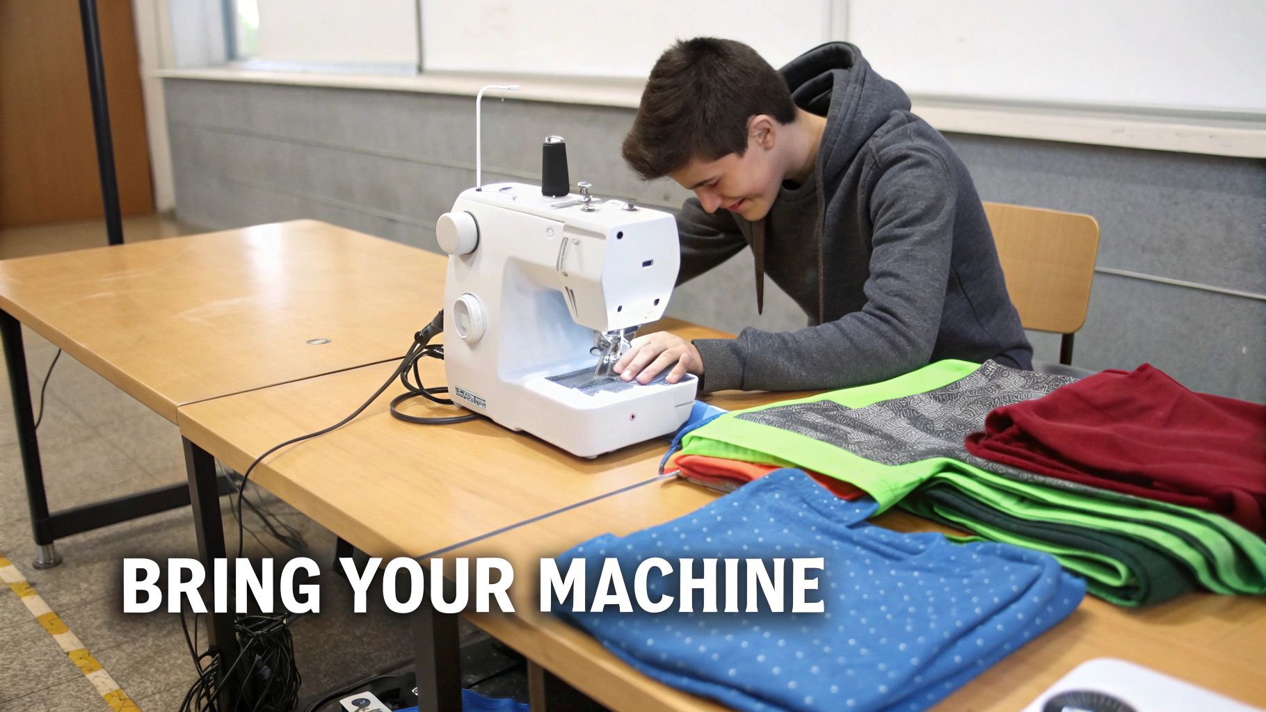 A young person happily operates a white sewing machine on a table, with colorful fabrics nearby.