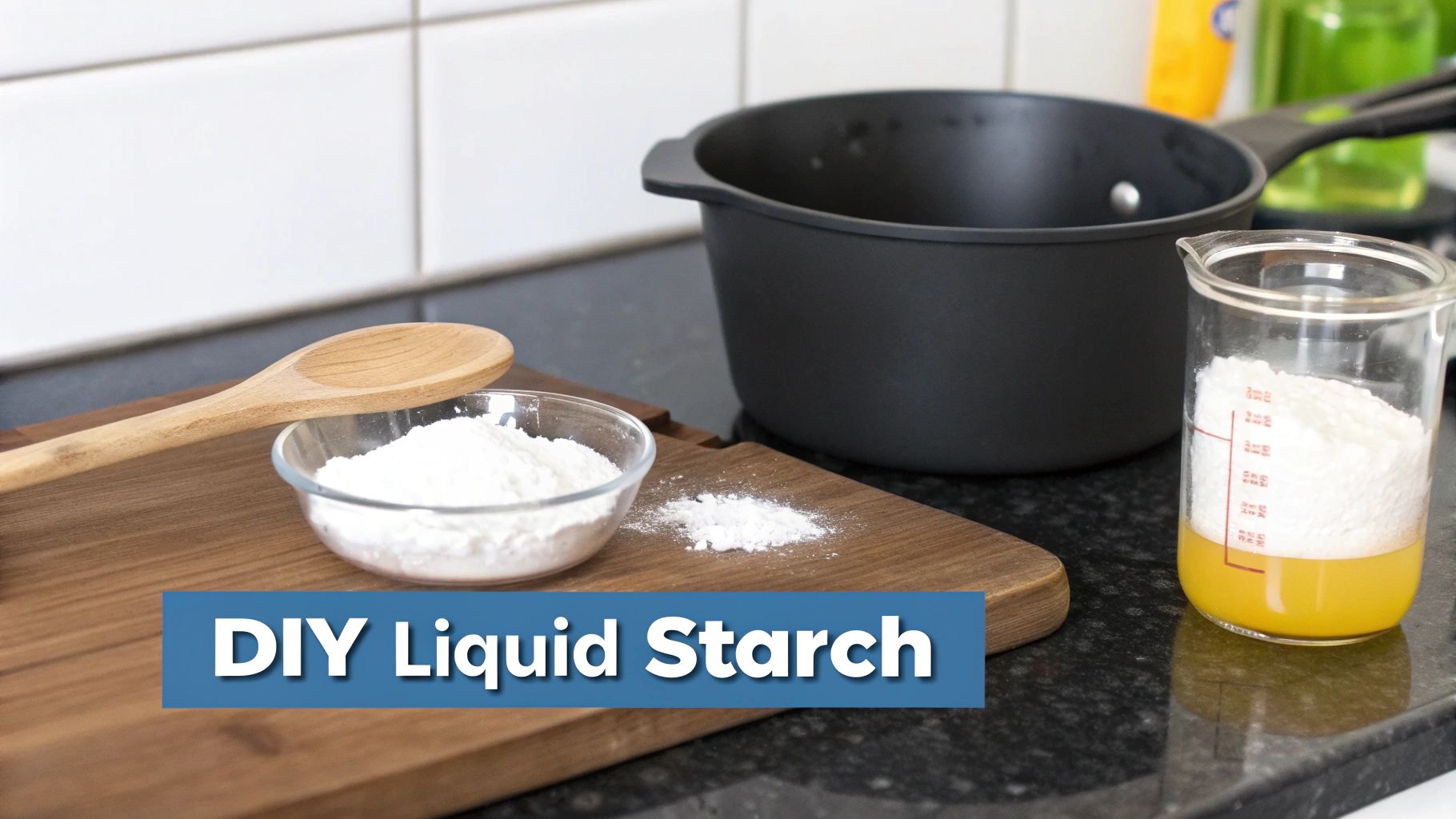 Ingredients for making DIY liquid starch, including white powder in a bowl, liquid, and cooking tools.