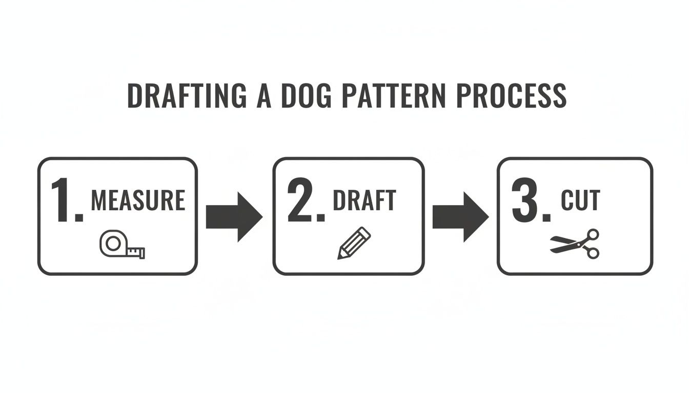 Infographic showing three steps to draft a dog pattern: measure, draft, and cut.