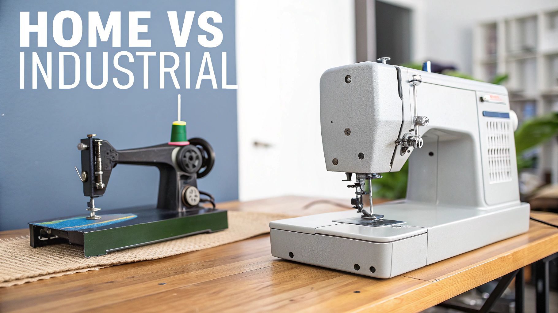 Comparison of a small home sewing machine and a large industrial sewing machine on a wooden table.