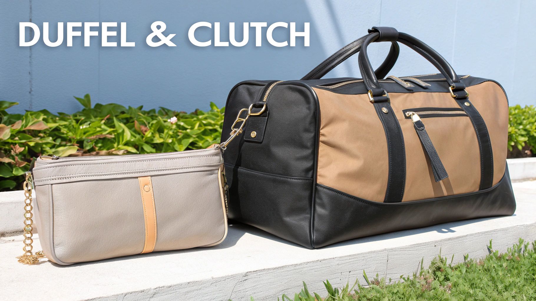 A tan and black duffel bag stands beside a grey clutch with a gold chain strap on an outdoor ledge.