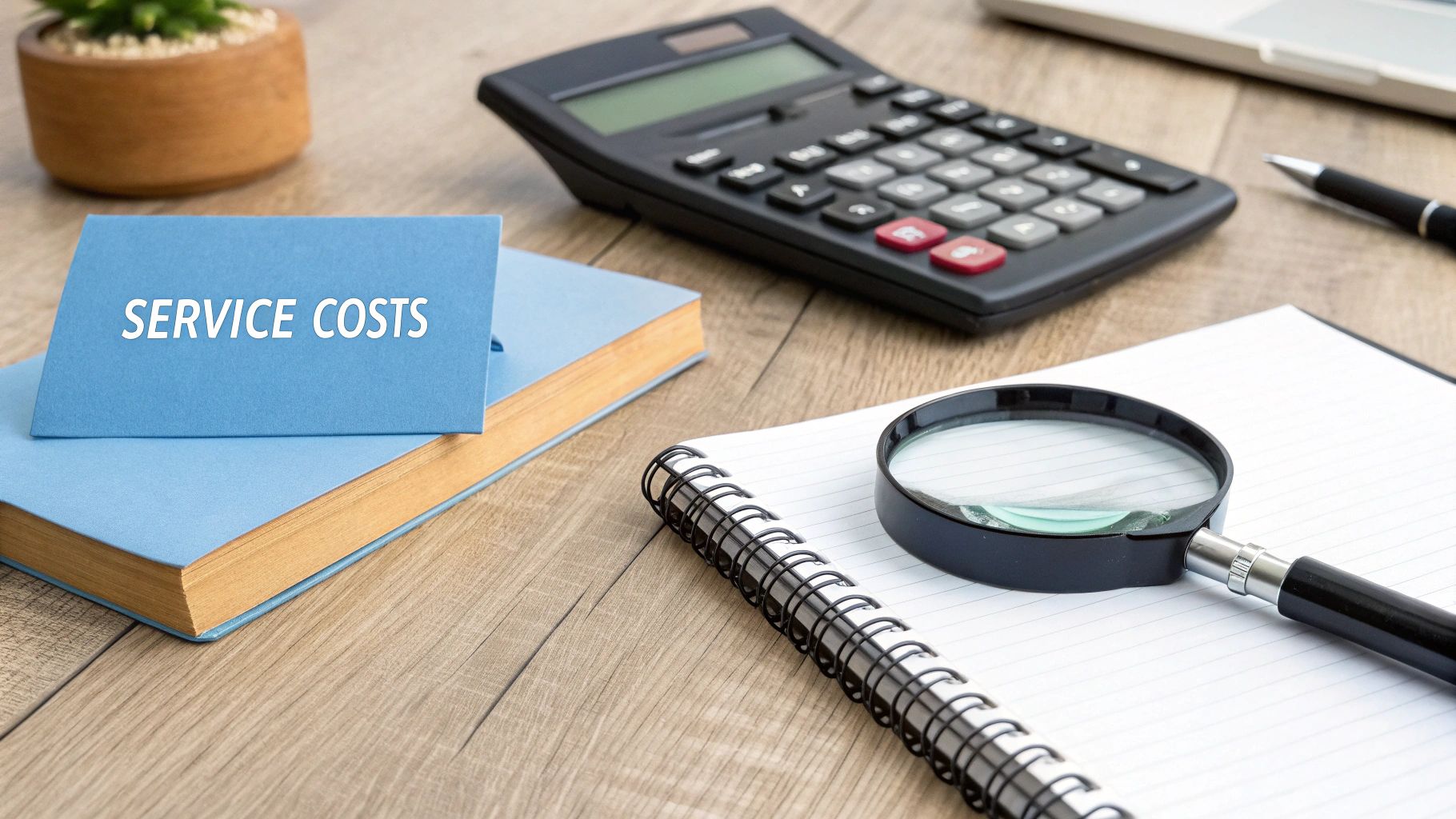 A blue card displaying 'SERVICE COSTS' on a blue book, with a calculator, magnifying glass, and notebook on a wooden desk.