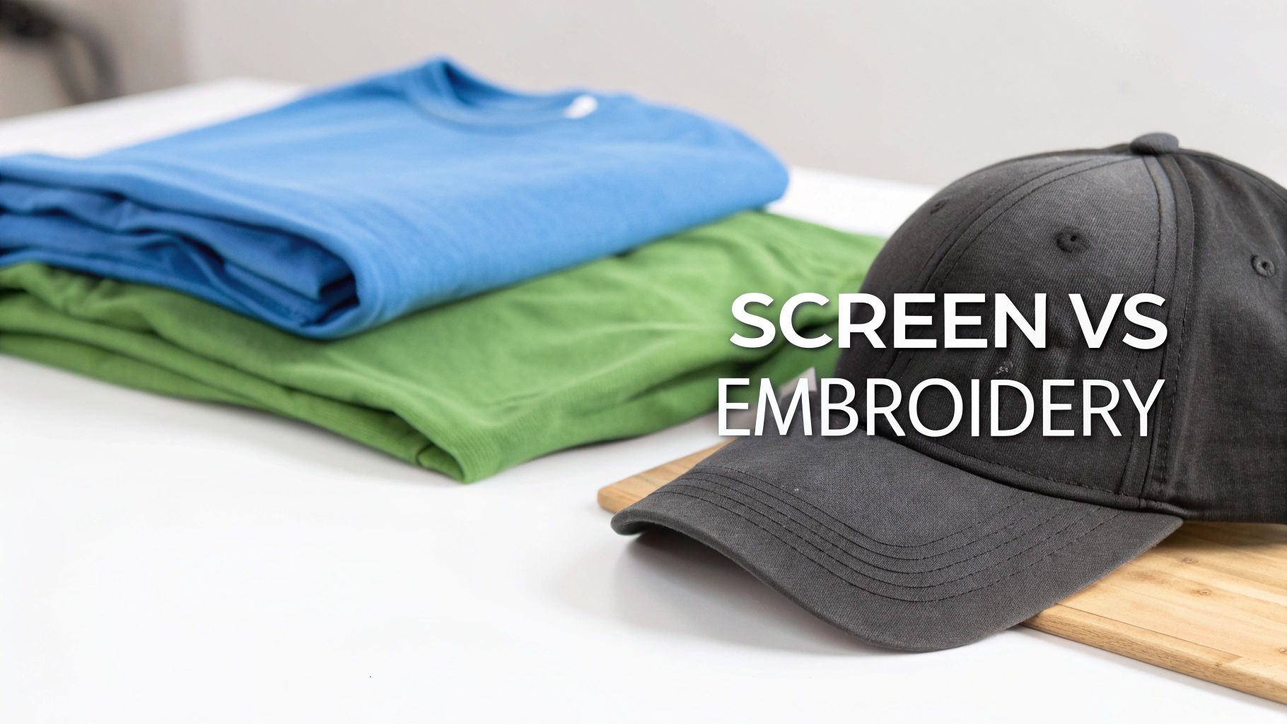 Folded blue and green t-shirts next to a dark grey baseball cap with 'SCREEN VS EMBROIDERY' text.
