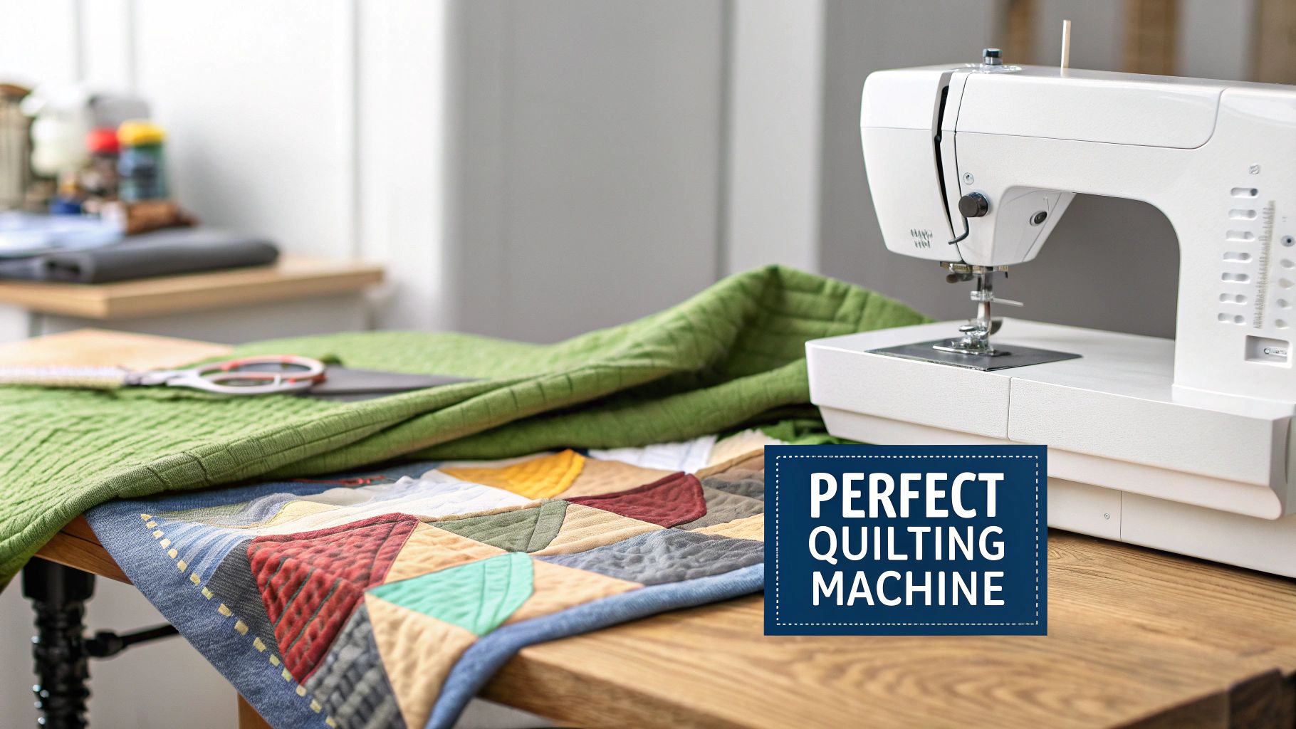 A white sewing machine next to a colorful quilted fabric and scissors on a wooden table.