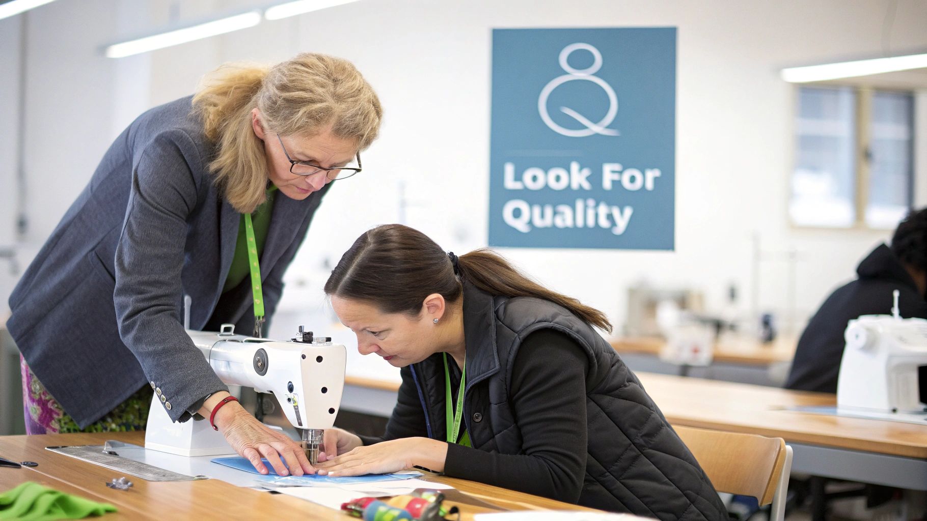 Two women are focused on sewing at a machine in a bright workshop.