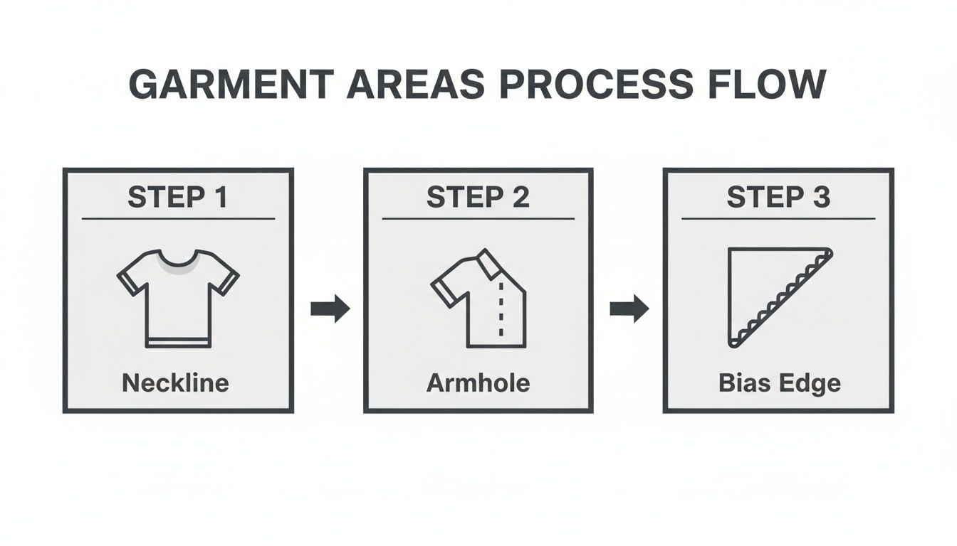 A three-step process flow illustrating garment areas: neckline, armhole, and bias edge creation.
