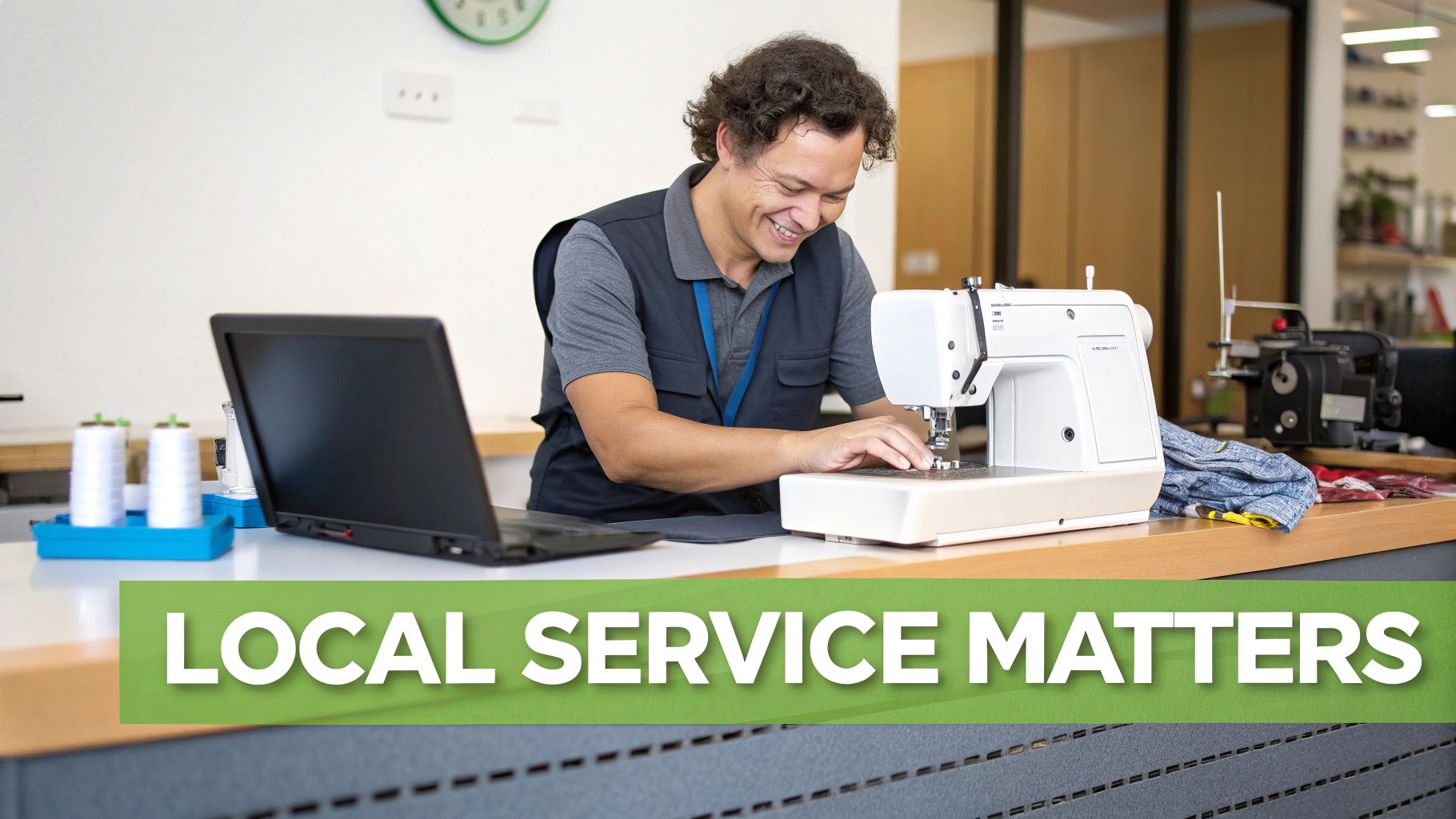 A happy man sewing on a white sewing machine, with a laptop and thread on a table.