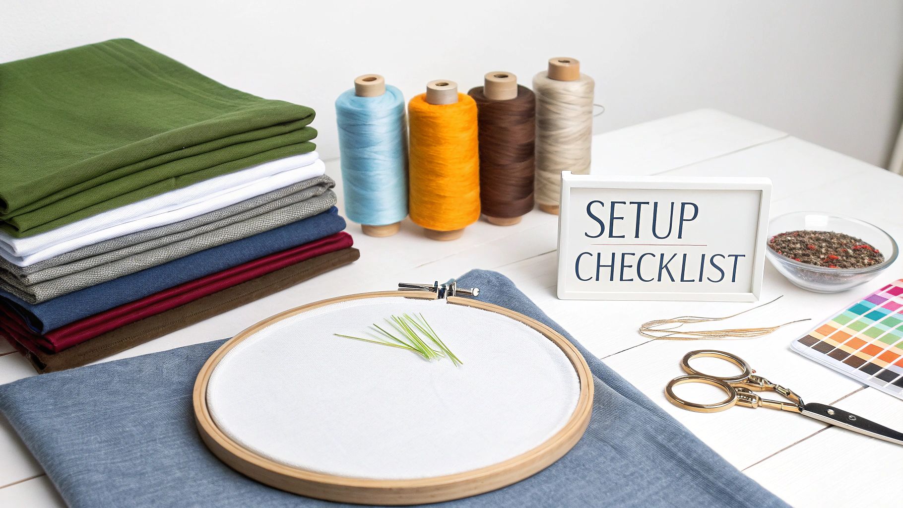 Embroidery setup with stacked colorful fabrics, thread spools, a hoop, scissors, and a checklist sign.