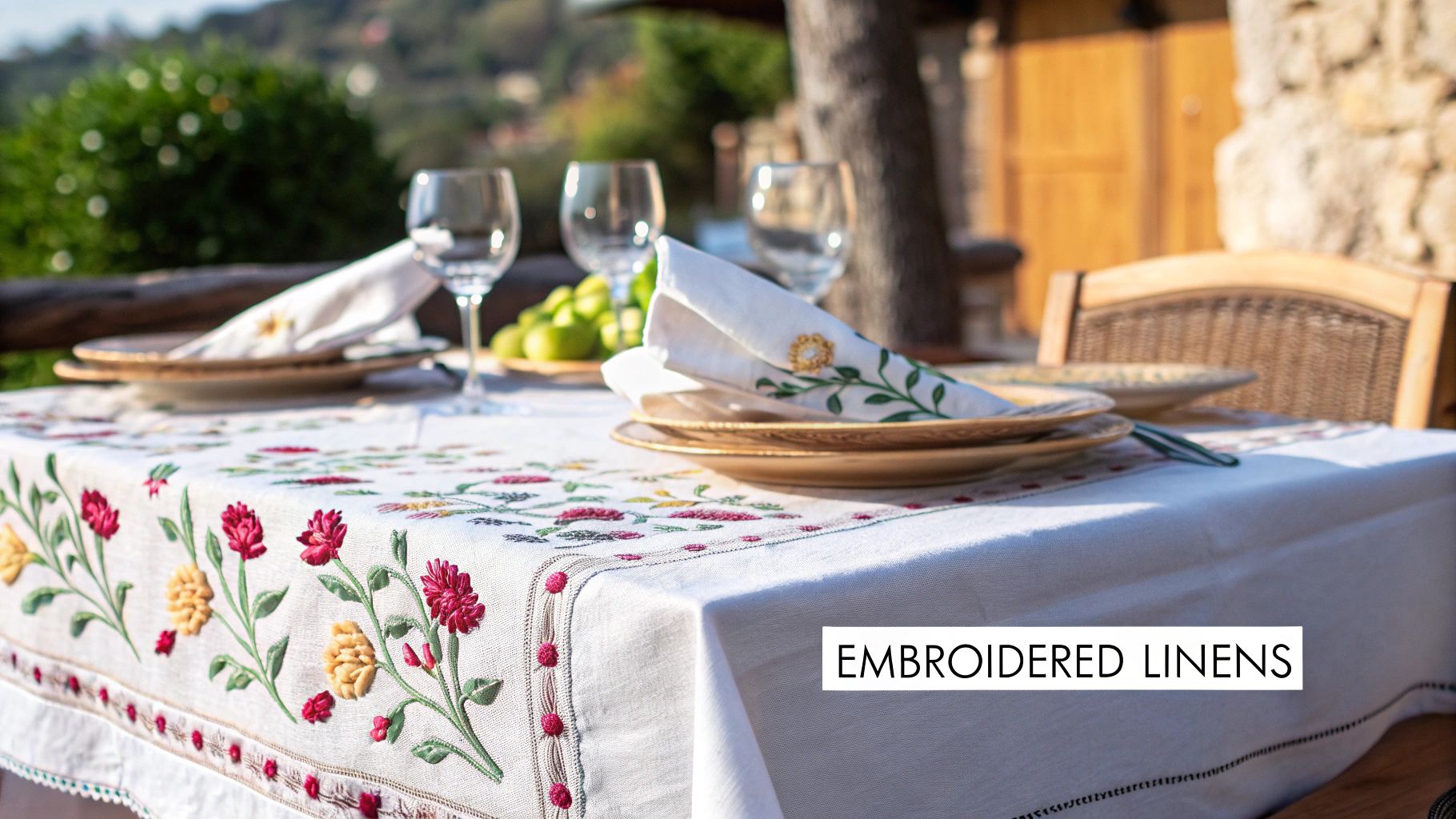 Elegant outdoor dining table with embroidered white linen tablecloth, plates, and wine glasses.