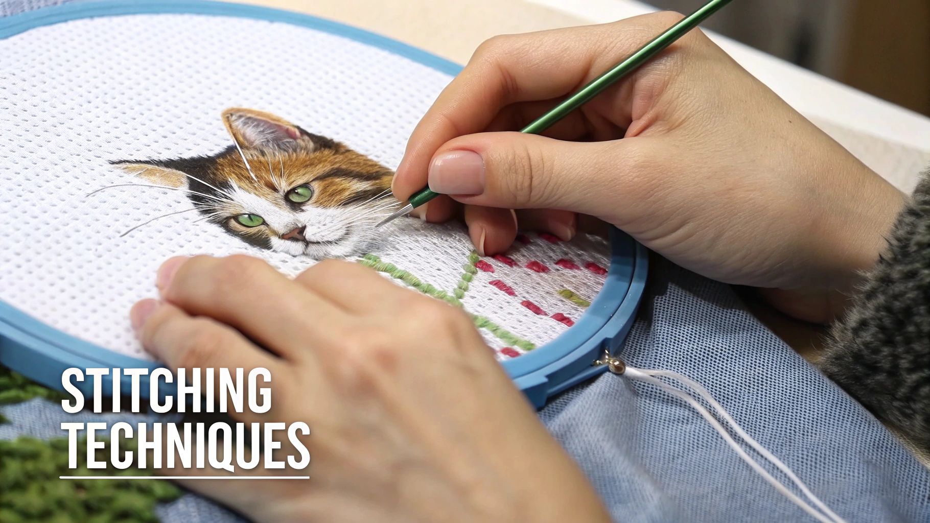 Close-up of hands using a needle to embroider a realistic cat's face with green eyes on white fabric.